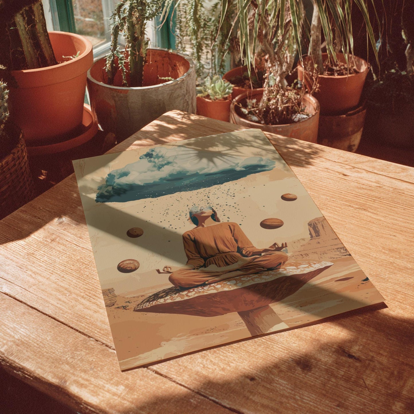 Head in the Clouds Poster – Surreal Woman on Floating Mushroom, Storm Cloud Head Raining Planets, Trippy Desert Wall Art