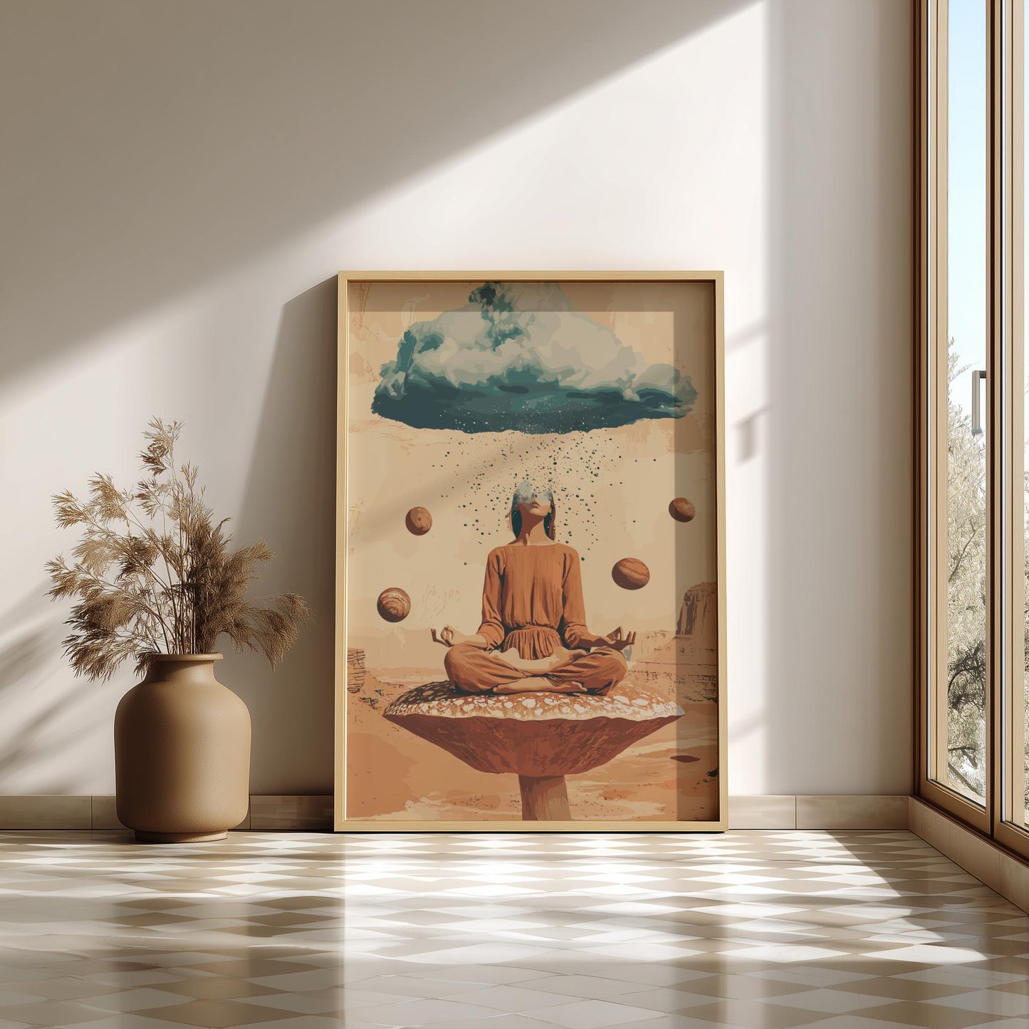 Head in the Clouds Poster – Surreal Woman on Floating Mushroom, Storm Cloud Head Raining Planets, Trippy Desert Wall Art