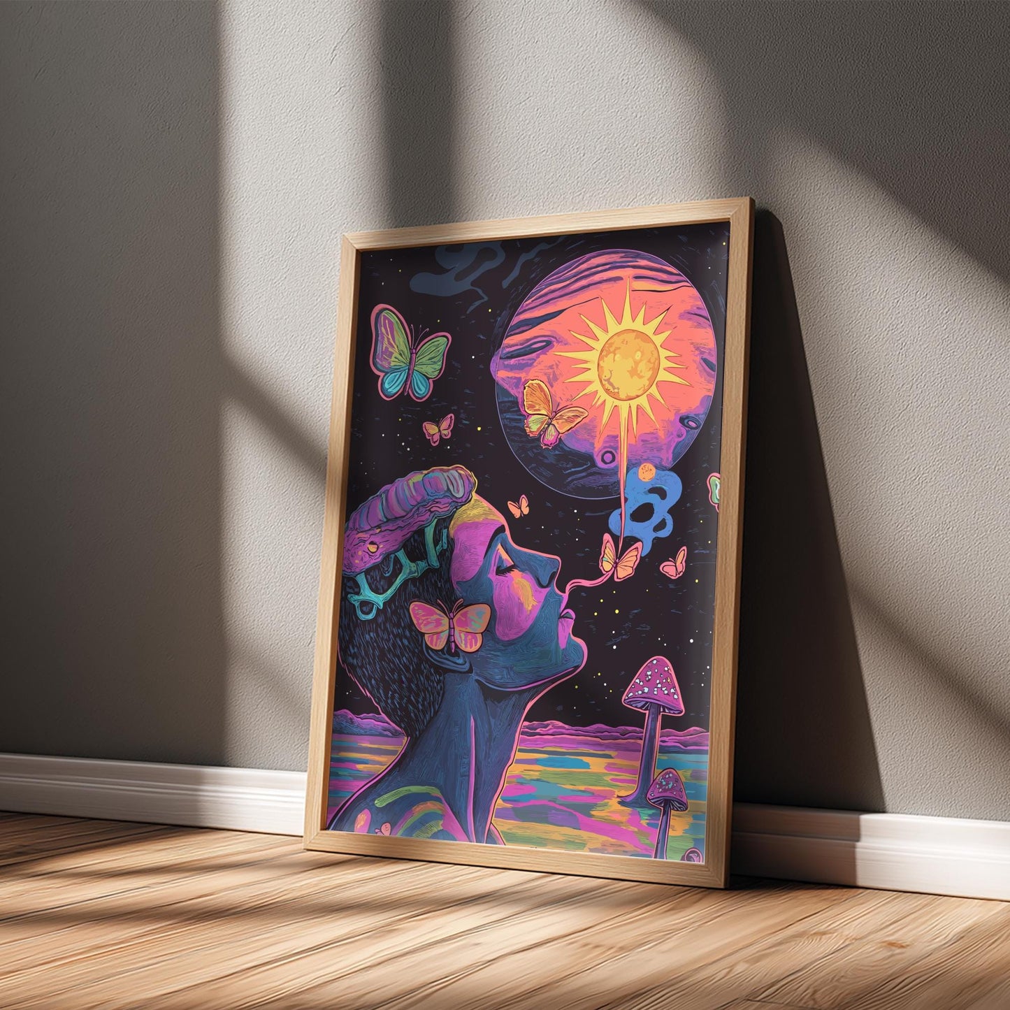 Smoke Signals Wall Art – Psychedelic Surreal Poster with Butterfly Smoke, Alien Planet Sunrise, and Glass Mushrooms Reflection