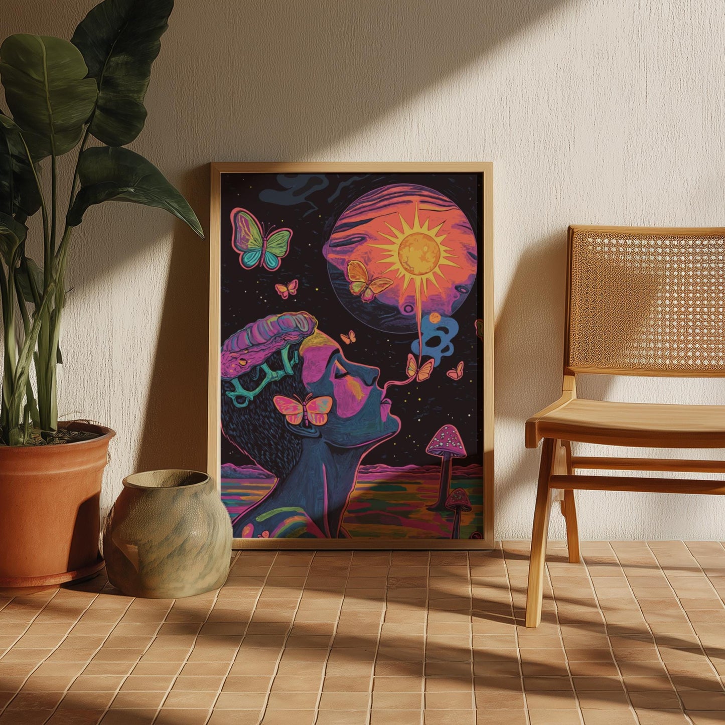 Smoke Signals Wall Art – Psychedelic Surreal Poster with Butterfly Smoke, Alien Planet Sunrise, and Glass Mushrooms Reflection