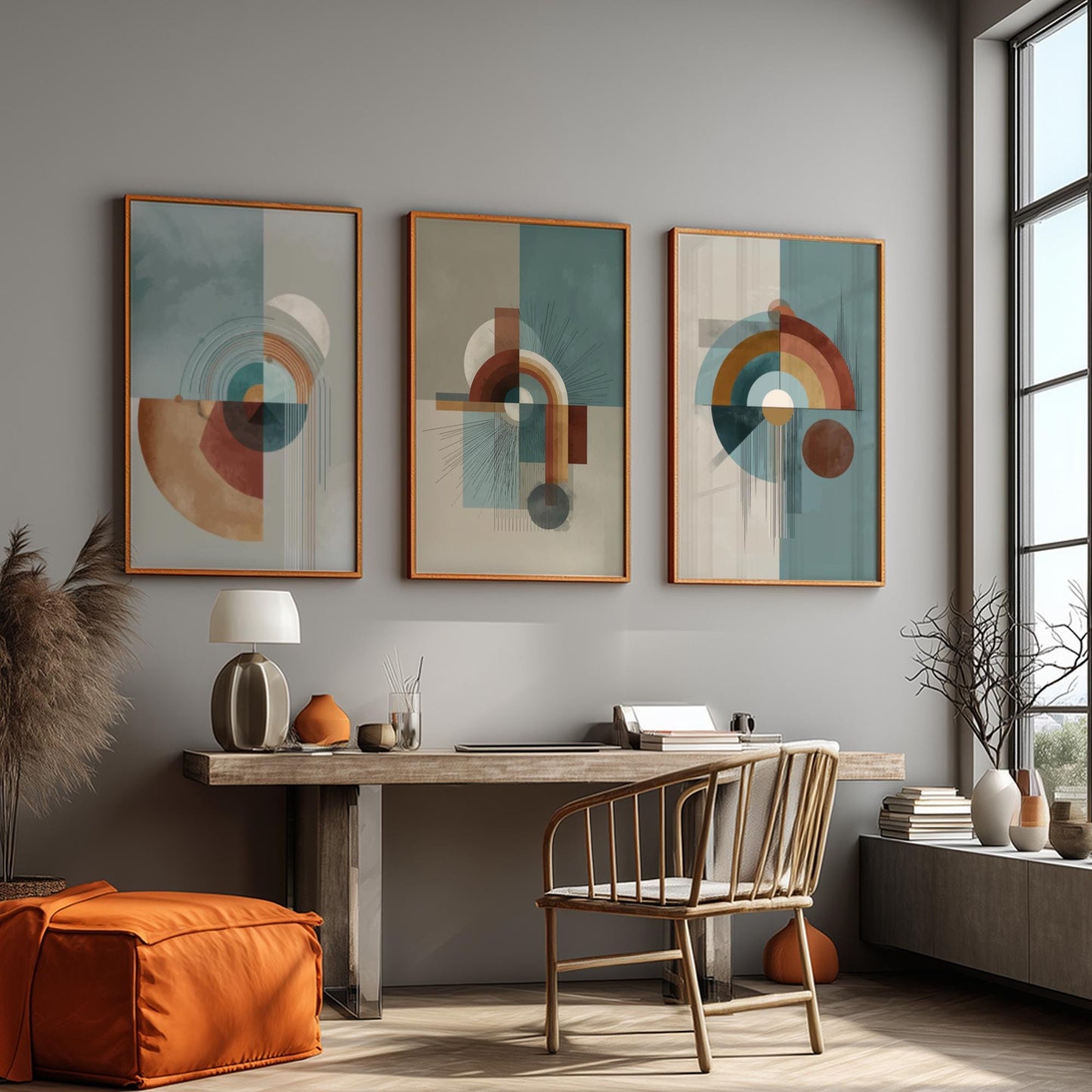 Modern Abstract Wall Art Set of 3 – Mid Century Geometric Prints in Earth Tones, Contemporary Boho Minimalist Poster Set