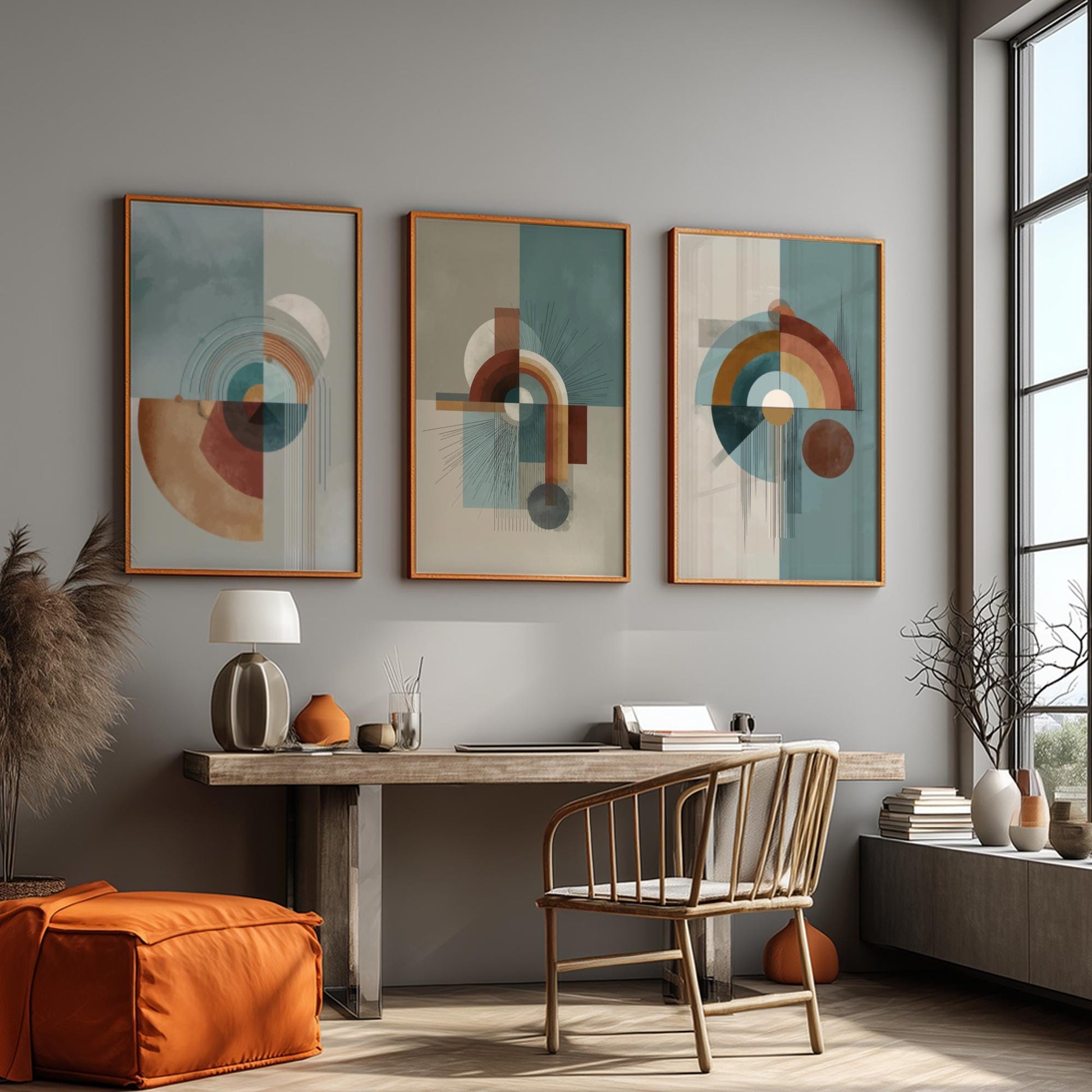 Modern Abstract Wall Art Set of 3 – Mid Century Geometric Prints in Earth Tones, Contemporary Boho Minimalist Poster Set