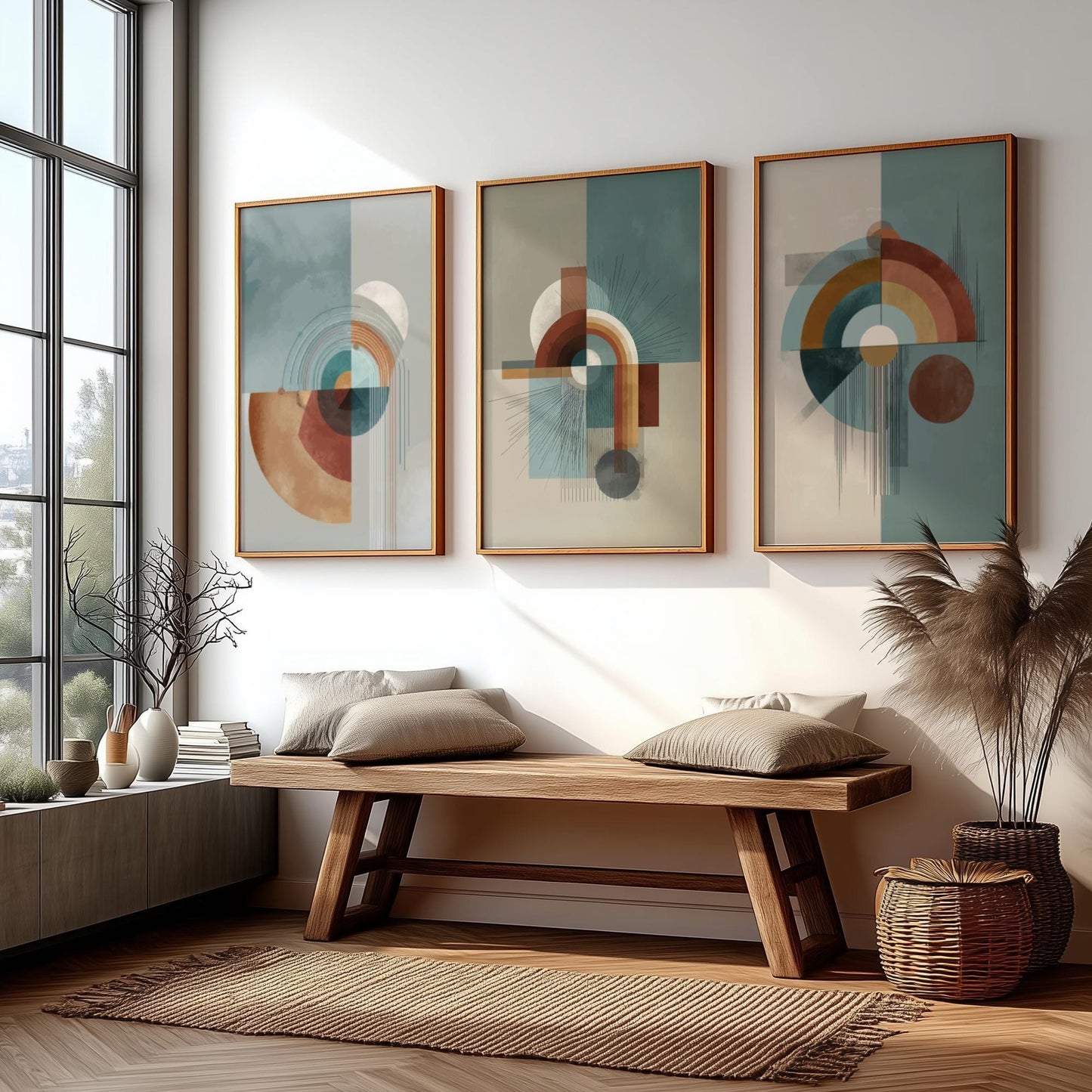 Modern Abstract Wall Art Set of 3 – Mid Century Geometric Prints in Earth Tones, Contemporary Boho Minimalist Poster Set