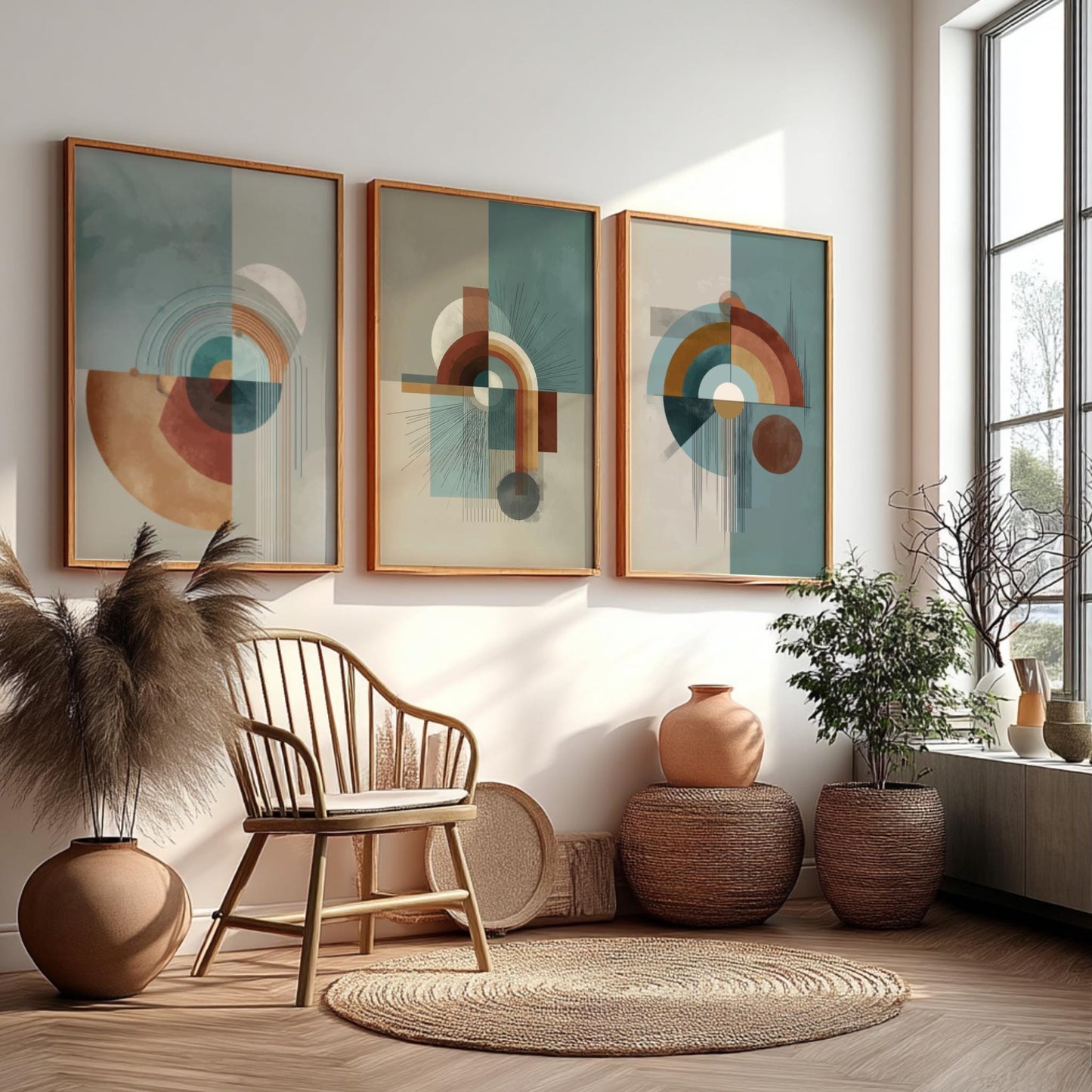 Modern Abstract Wall Art Set of 3 – Mid Century Geometric Prints in Earth Tones, Contemporary Boho Minimalist Poster Set