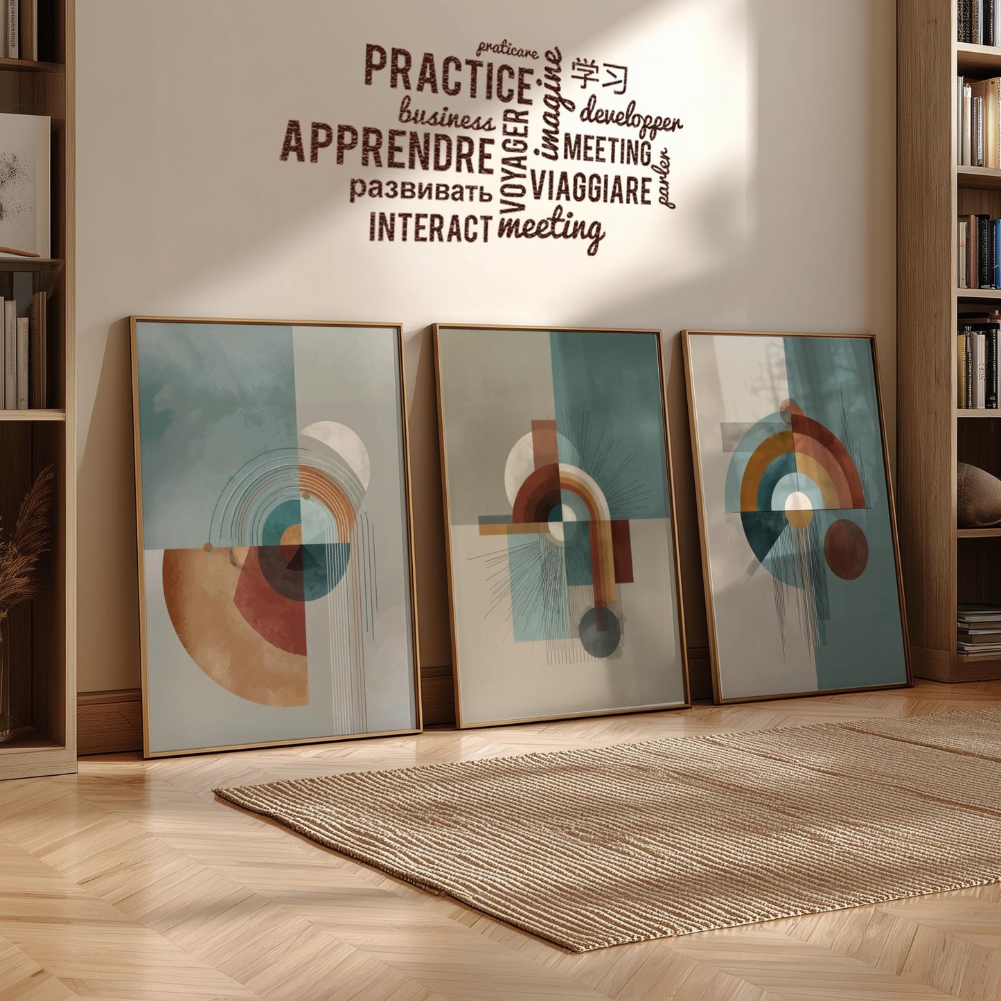 Modern Abstract Wall Art Set of 3 – Mid Century Geometric Prints in Earth Tones, Contemporary Boho Minimalist Poster Set
