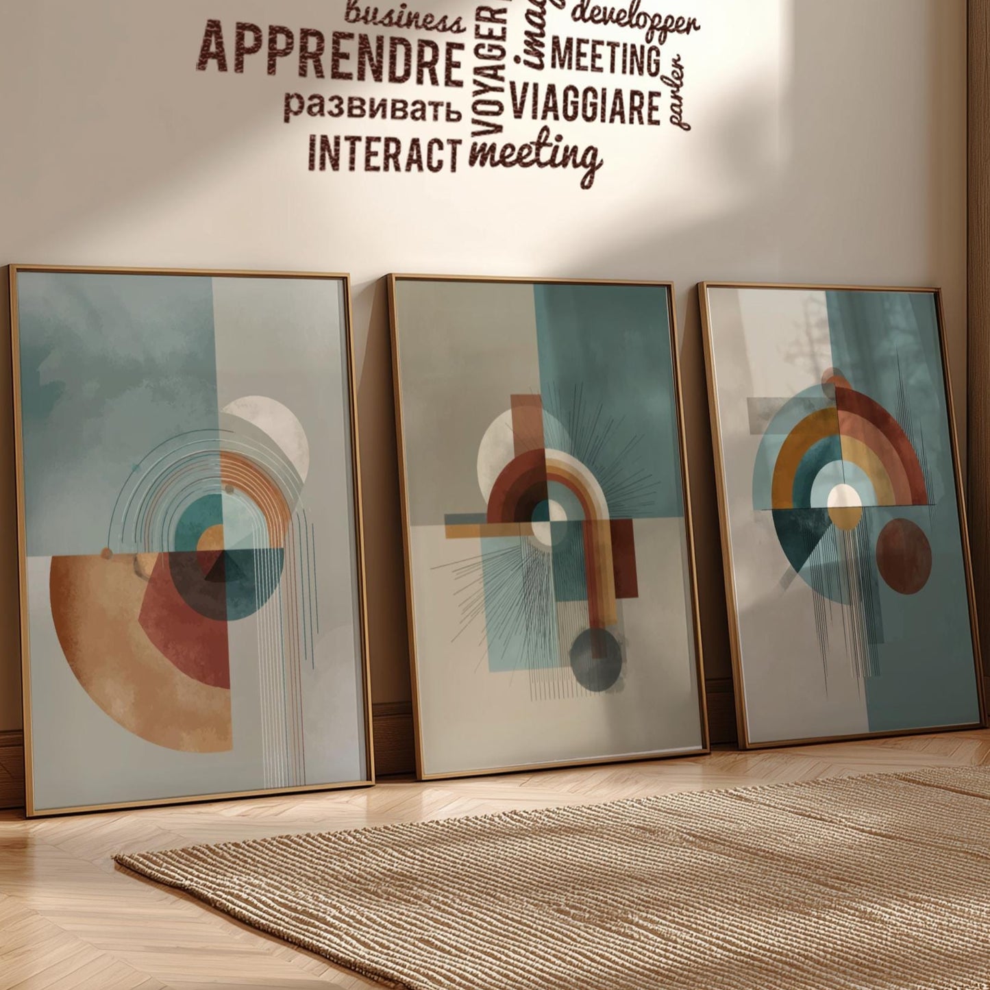 Modern Abstract Wall Art Set of 3 – Mid Century Geometric Prints in Earth Tones, Contemporary Boho Minimalist Poster Set