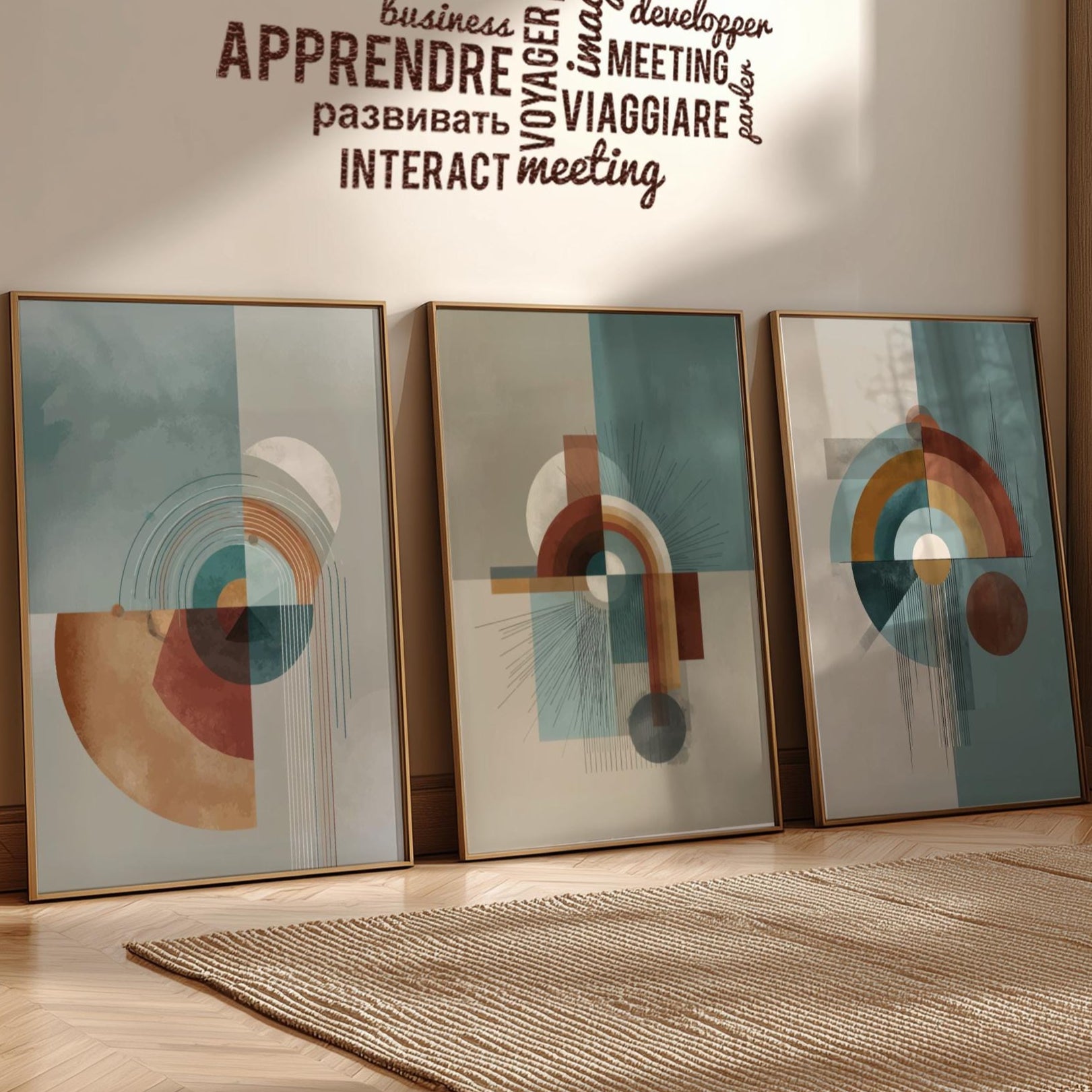 Modern Abstract Wall Art Set of 3 – Mid Century Geometric Prints in Earth Tones, Contemporary Boho Minimalist Poster Set