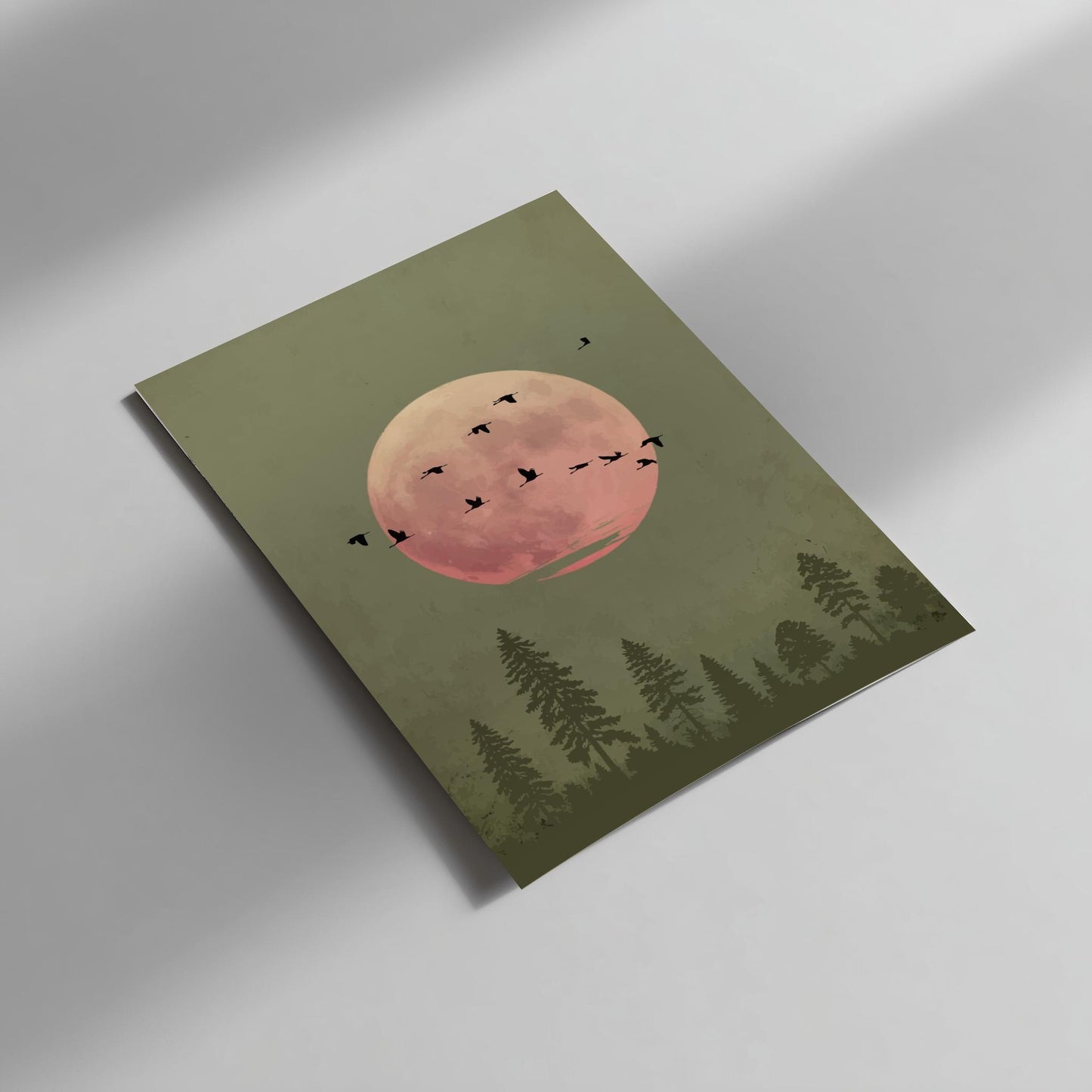 Green Moon Forest Print – Minimalist Nature Wall Art, Bird Silhouette Poster, Mystical Landscape Home Decor