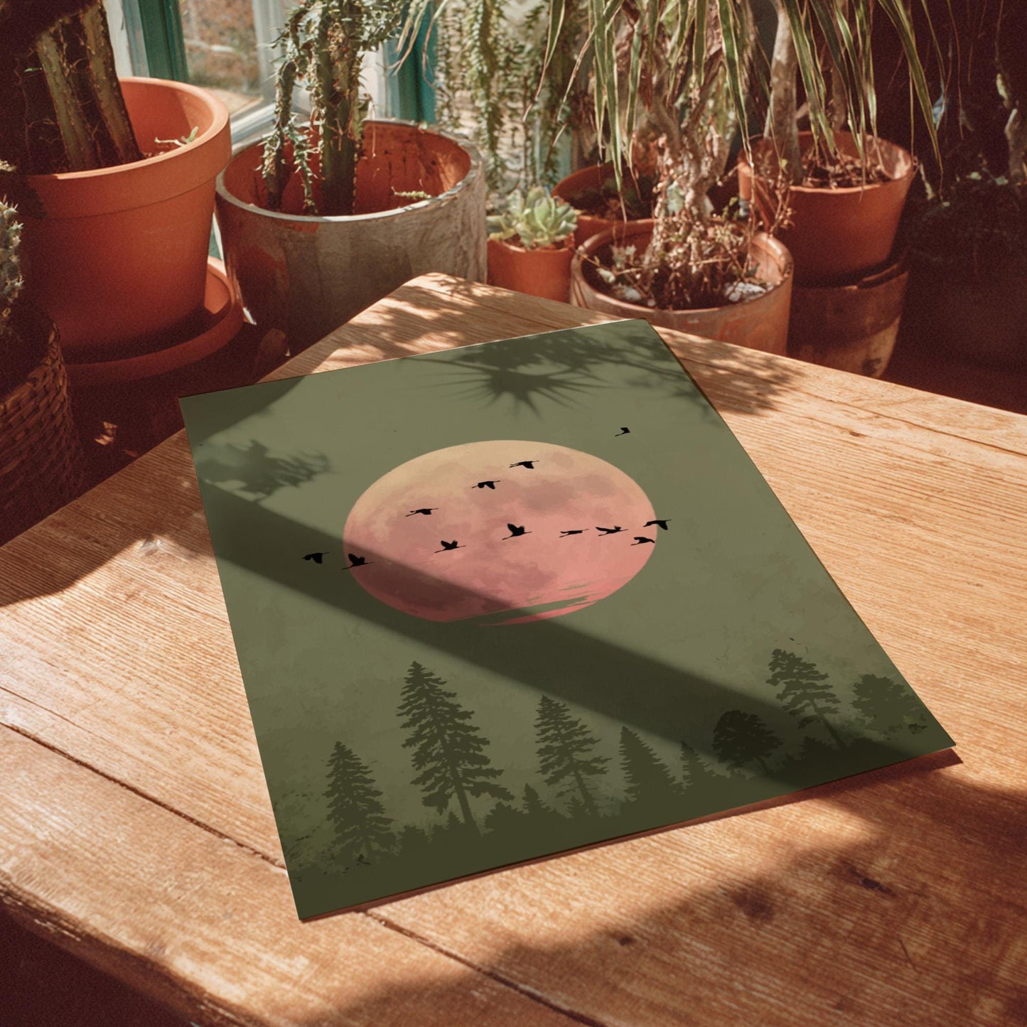 Green Moon Forest Print – Minimalist Nature Wall Art, Bird Silhouette Poster, Mystical Landscape Home Decor