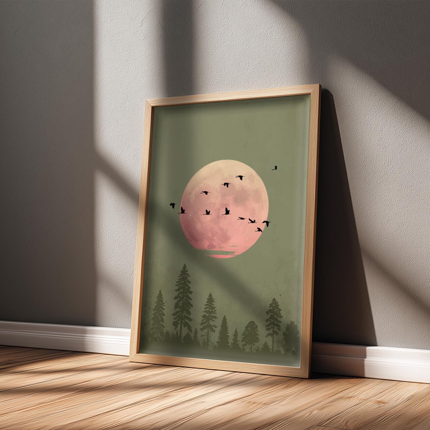 Green Moon Forest Print – Minimalist Nature Wall Art, Bird Silhouette Poster, Mystical Landscape Home Decor