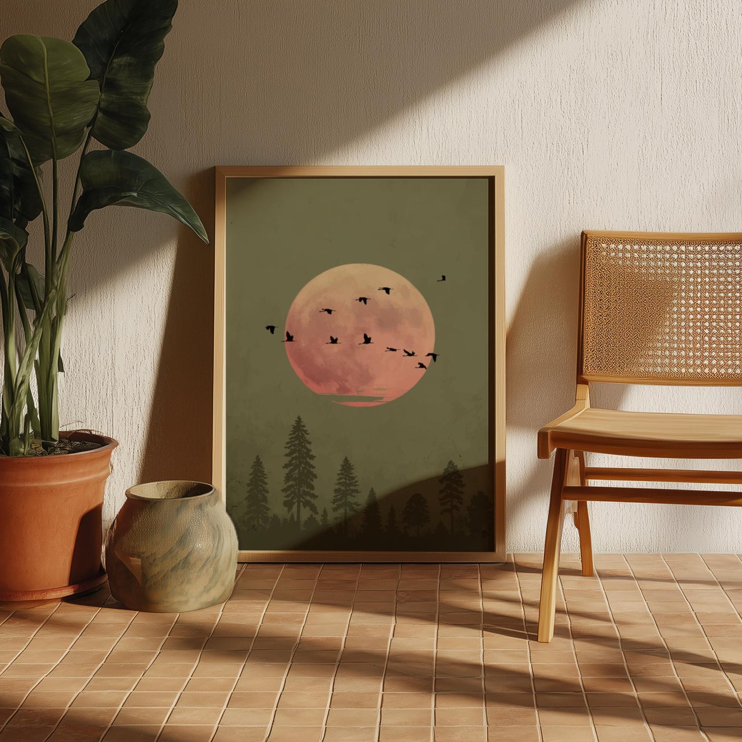 Green Moon Forest Print – Minimalist Nature Wall Art, Bird Silhouette Poster, Mystical Landscape Home Decor