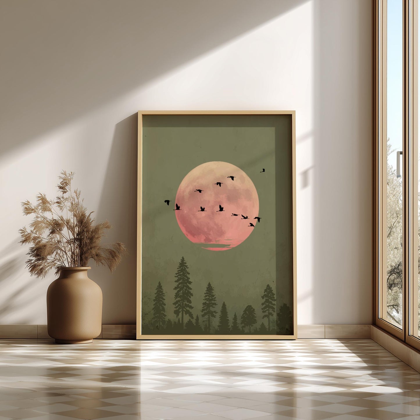 Green Moon Forest Print – Minimalist Nature Wall Art, Bird Silhouette Poster, Mystical Landscape Home Decor