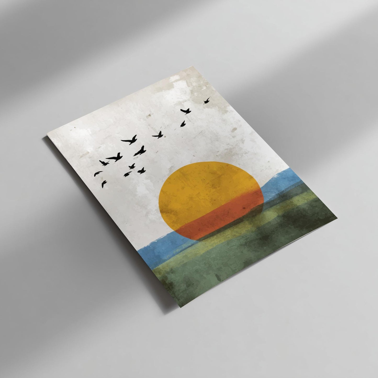Abstract Seaside Sunrise Wall Art – Flock of Birds with Golden Sun Over Ocean, Nature-Inspired Modern Poster for Home Decor