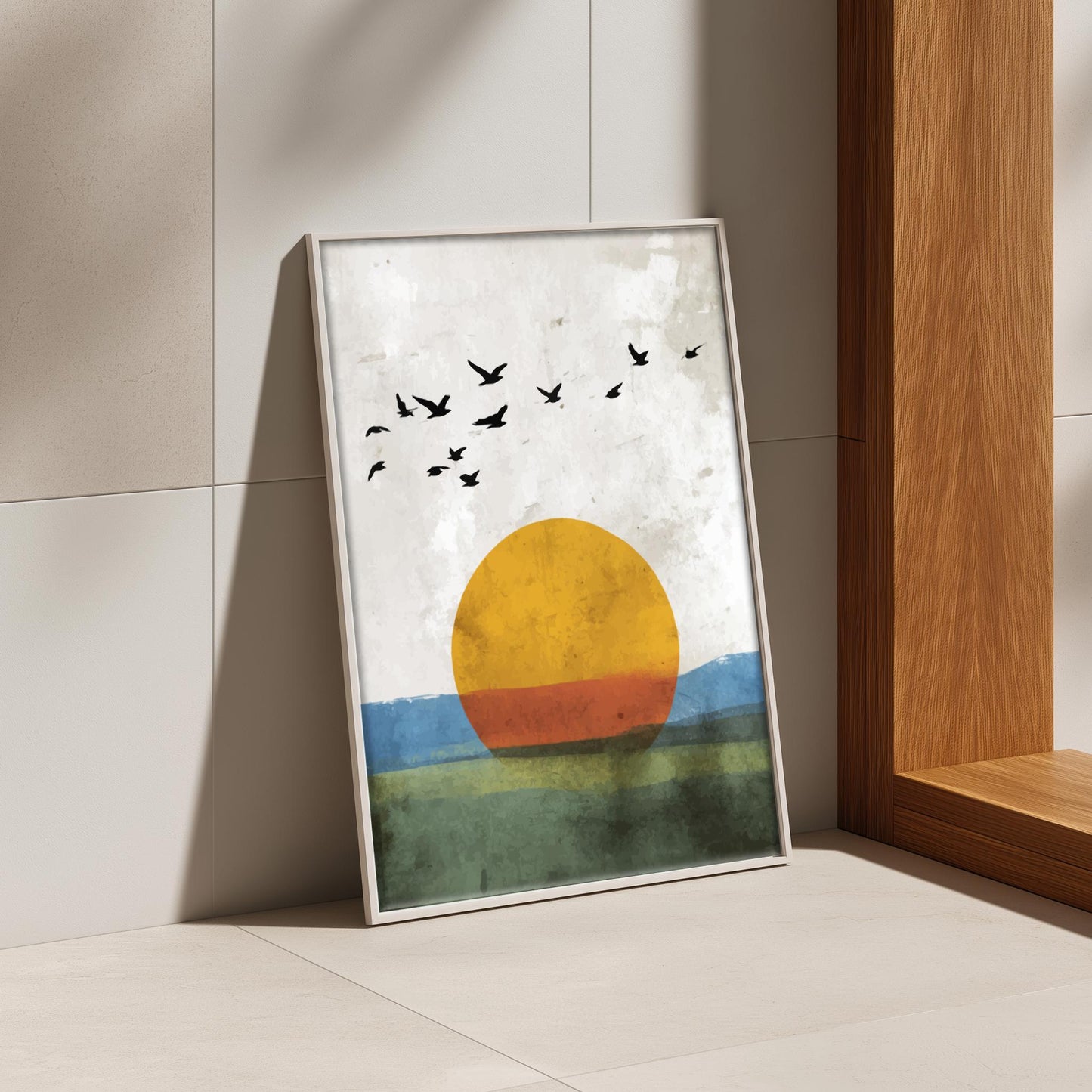 Abstract Seaside Sunrise Wall Art – Flock of Birds with Golden Sun Over Ocean, Nature-Inspired Modern Poster for Home Decor