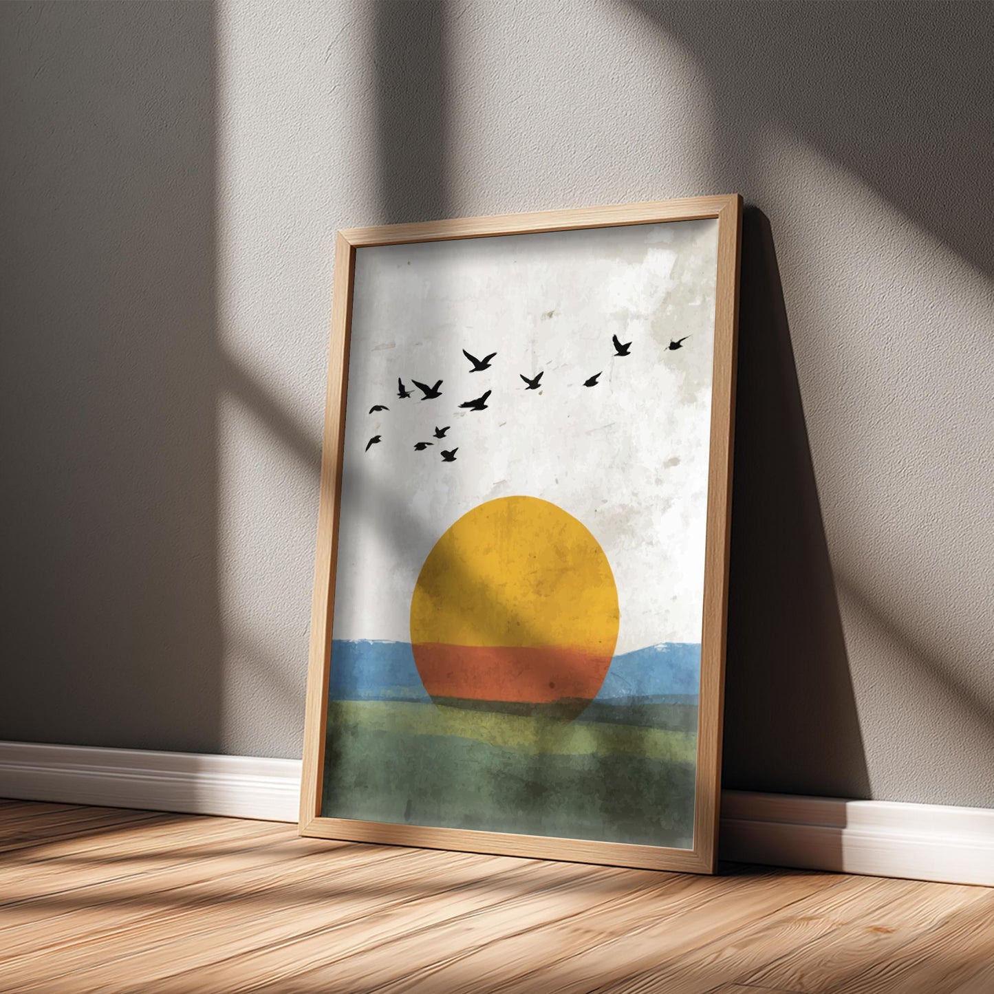 Abstract Seaside Sunrise Wall Art – Flock of Birds with Golden Sun Over Ocean, Nature-Inspired Modern Poster for Home Decor