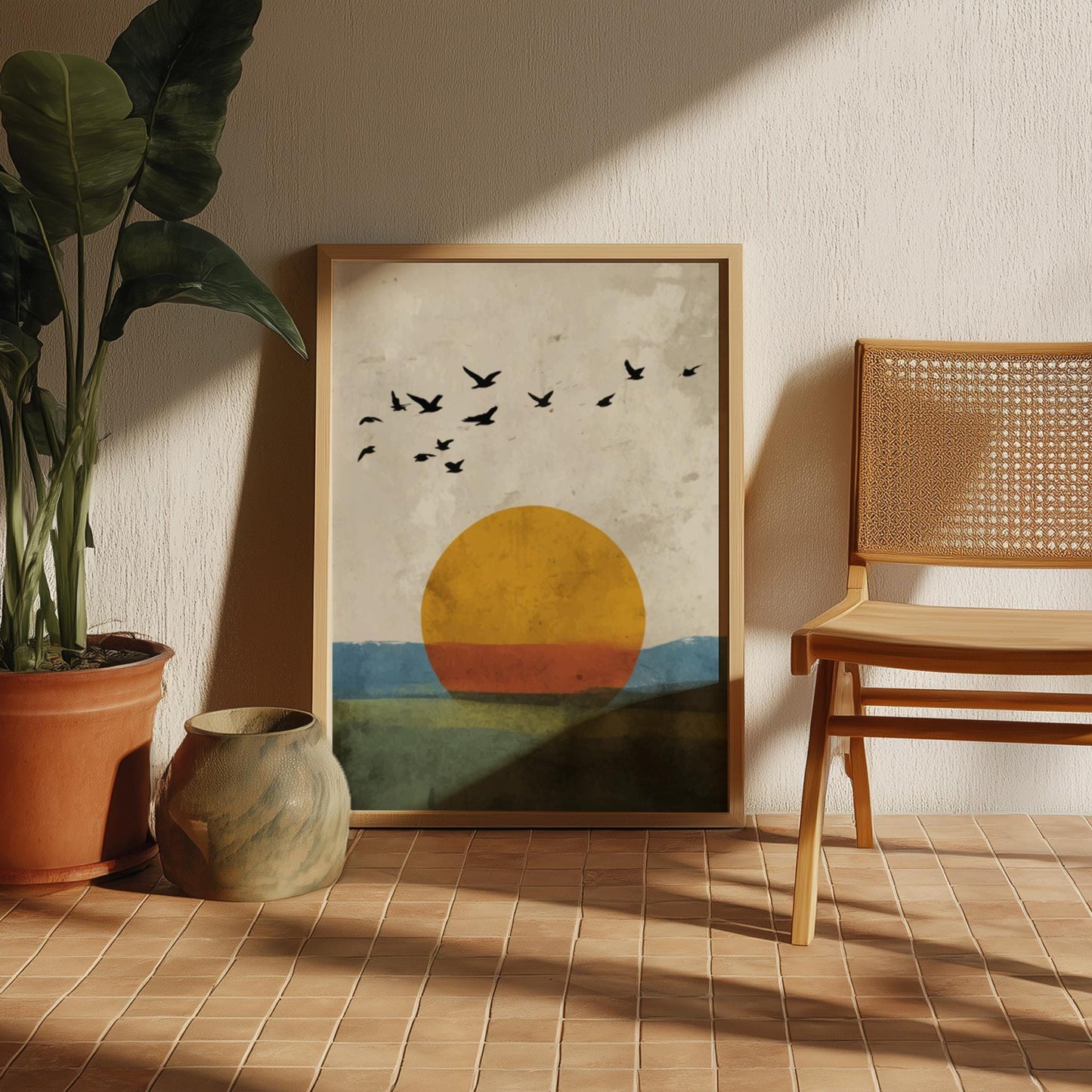 Abstract Seaside Sunrise Wall Art – Flock of Birds with Golden Sun Over Ocean, Nature-Inspired Modern Poster for Home Decor