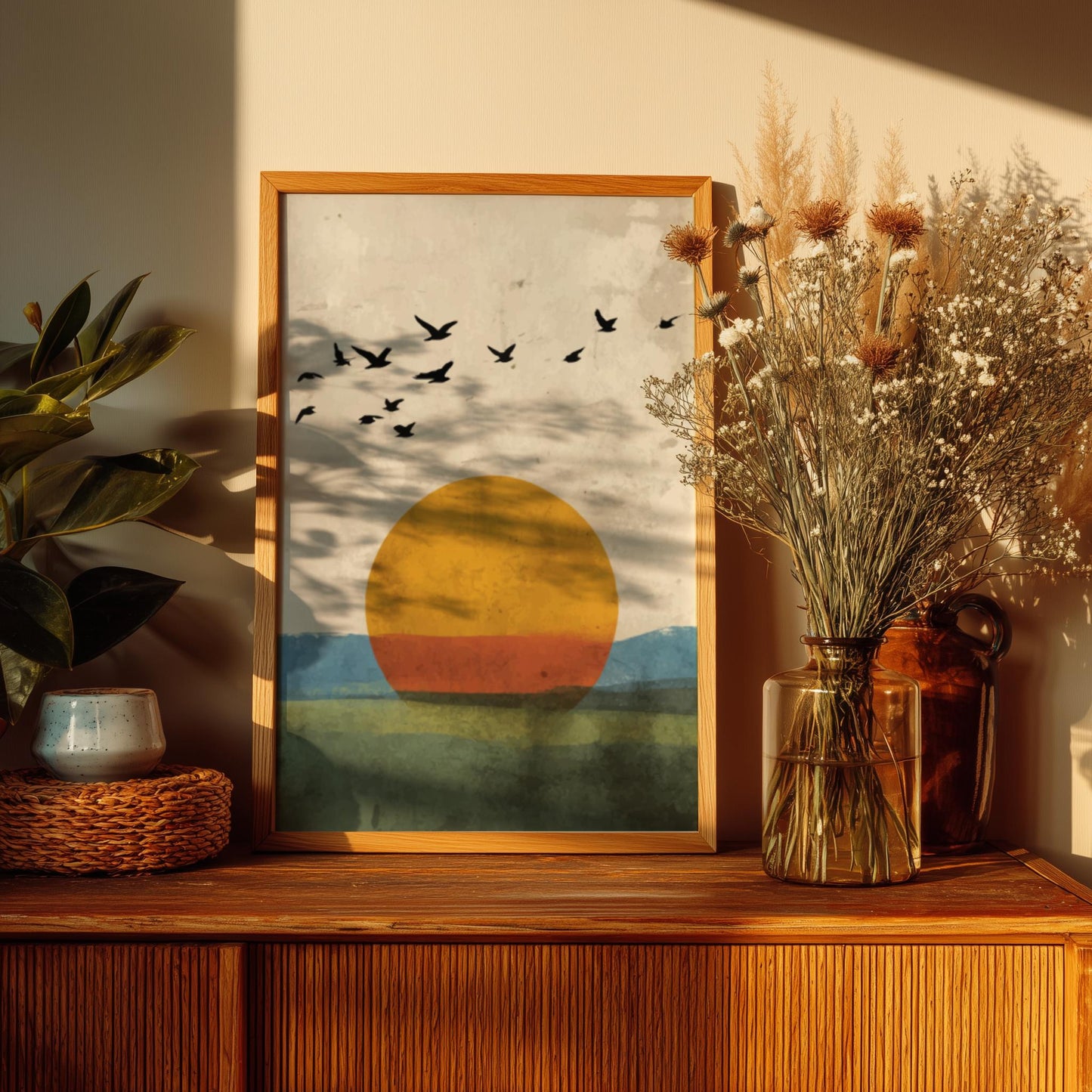 Abstract Seaside Sunrise Wall Art – Flock of Birds with Golden Sun Over Ocean, Nature-Inspired Modern Poster for Home Decor