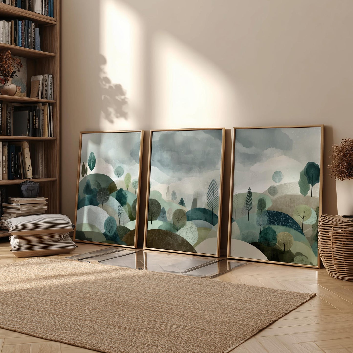 Set of 3 Green Mountain and Forest Prints – Nature Wall Art, Minimalist Landscape Poster Set with Trees for Modern Home Decor
