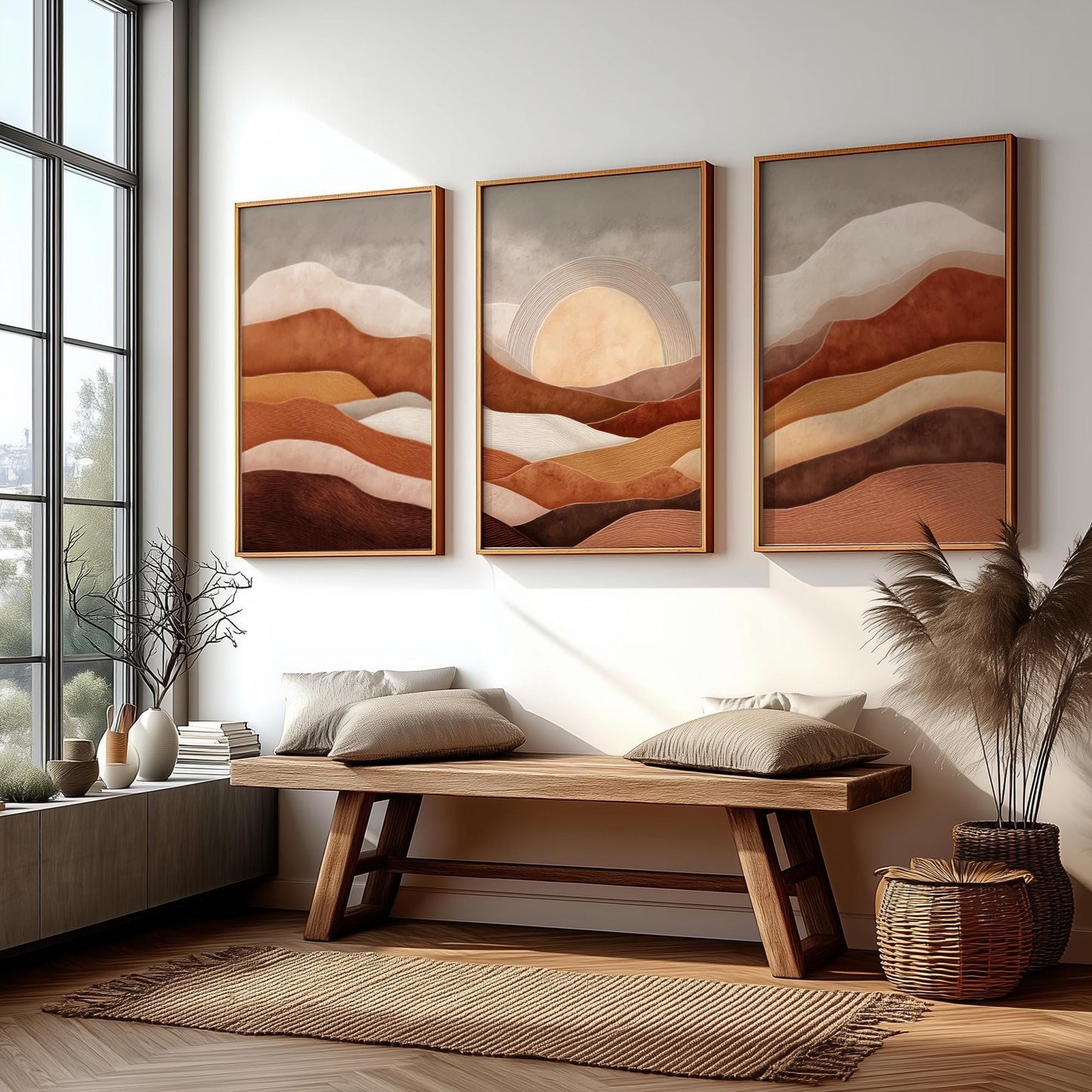 Set of 3 Sunset Mountain Prints – Earth Tone Wall Art, Brown Minimalist Landscape Poster Set for Modern Boho Home