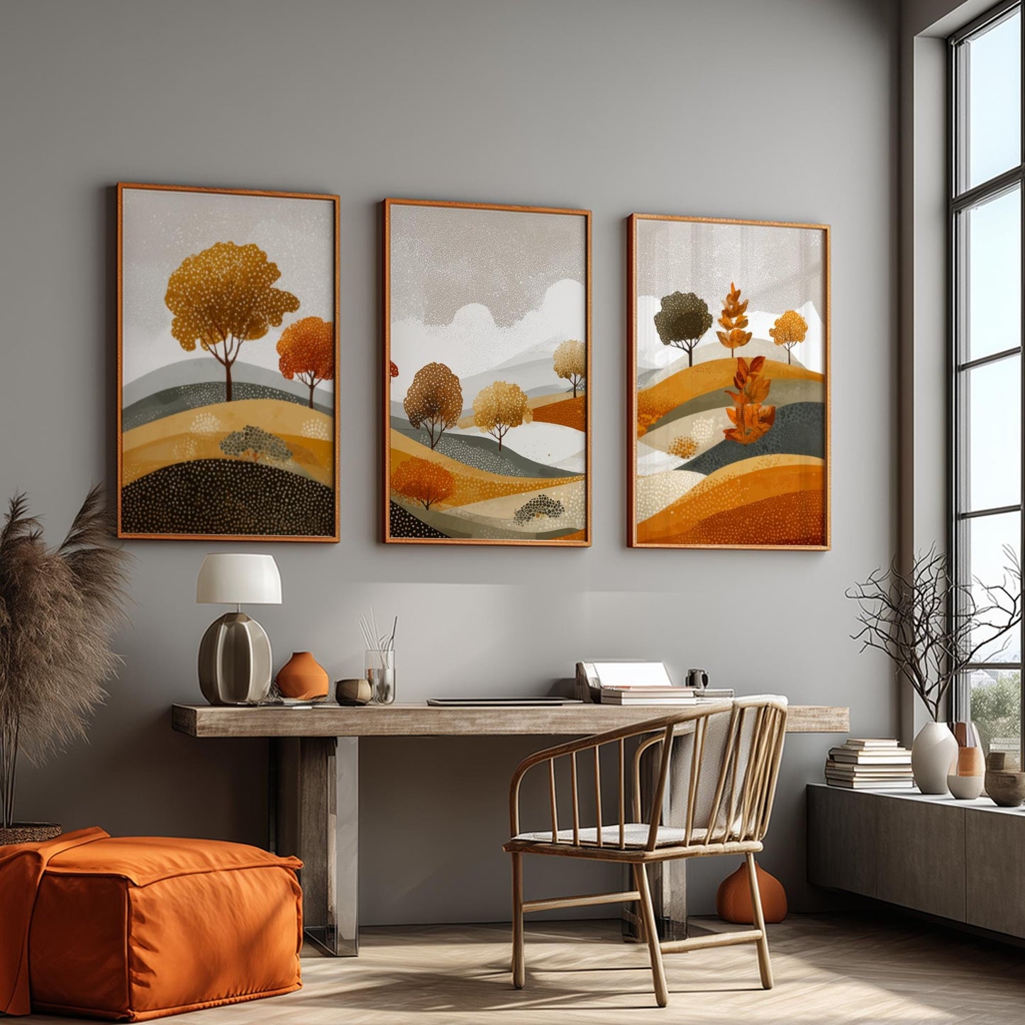 Earth-Toned Mountain Landscape Wall Art – Poster Set of 3 with Sun, Nature Prints in Brown and Green for Modern Rustic Decor