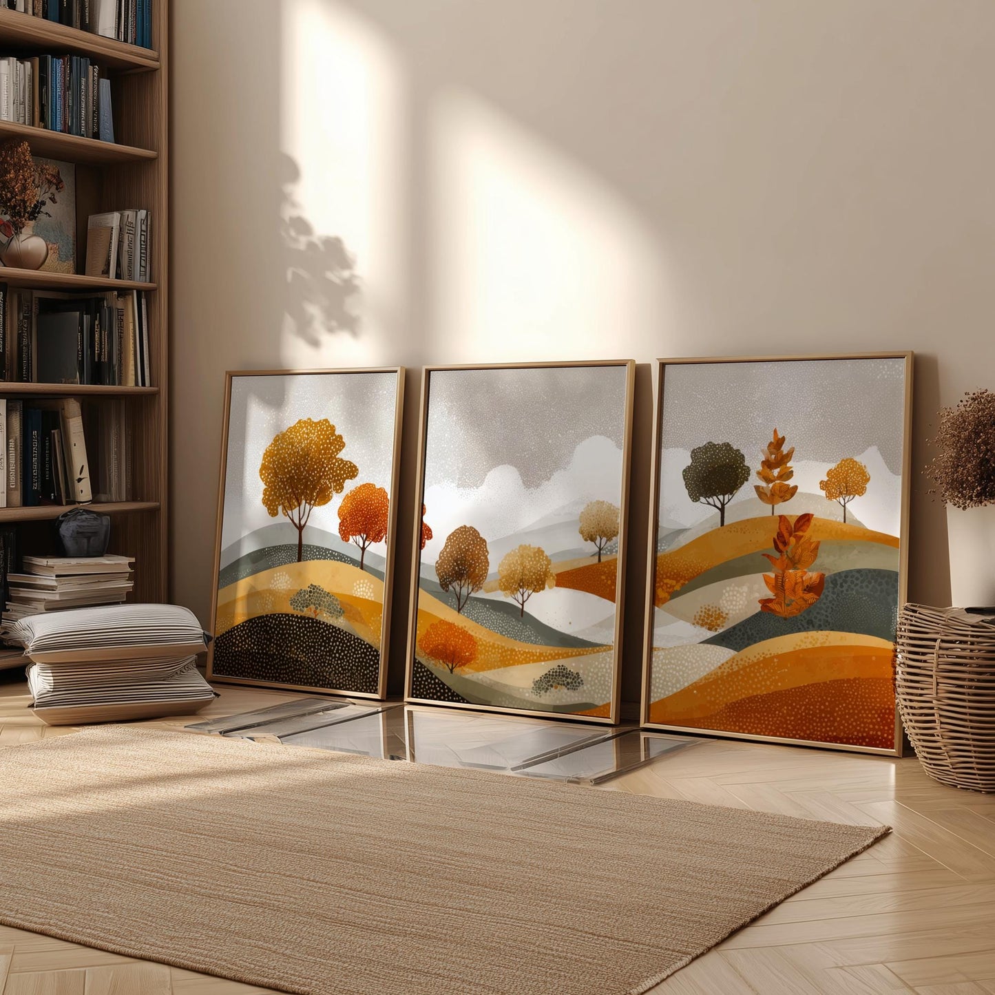 Earth-Toned Mountain Landscape Wall Art – Poster Set of 3 with Sun, Nature Prints in Brown and Green for Modern Rustic Decor