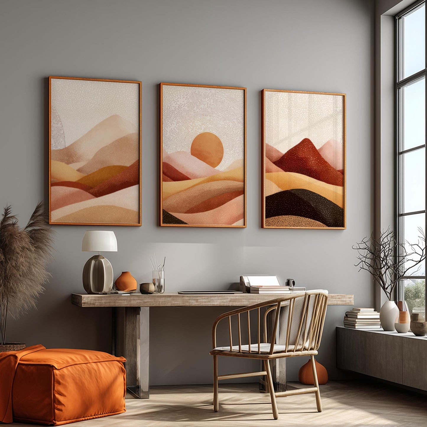 Mountain Wall Art Set – Green and Brown Landscape Posters with Setting Sun, Earthy Nature Prints for Calm Interior Spaces
