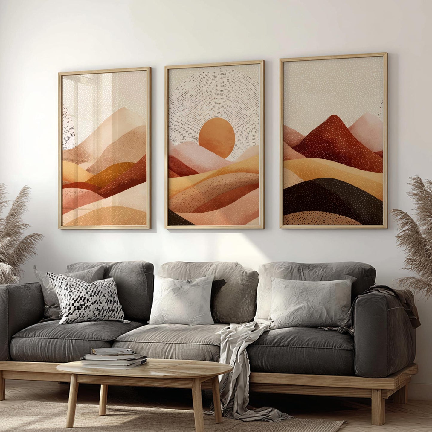 Mountain Wall Art Set – Green and Brown Landscape Posters with Setting Sun, Earthy Nature Prints for Calm Interior Spaces