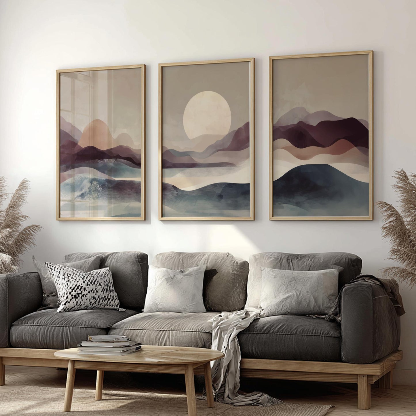 Mountain Sunset Wall Art – Brown and Blue Landscape Poster Set of 3, Tranquil Nature Prints for Modern or Rustic Decor