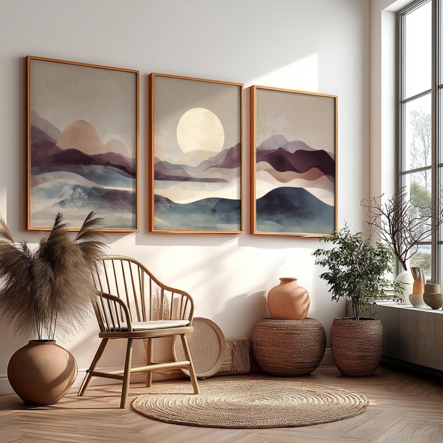 Mountain Sunset Wall Art – Brown and Blue Landscape Poster Set of 3, Tranquil Nature Prints for Modern or Rustic Decor