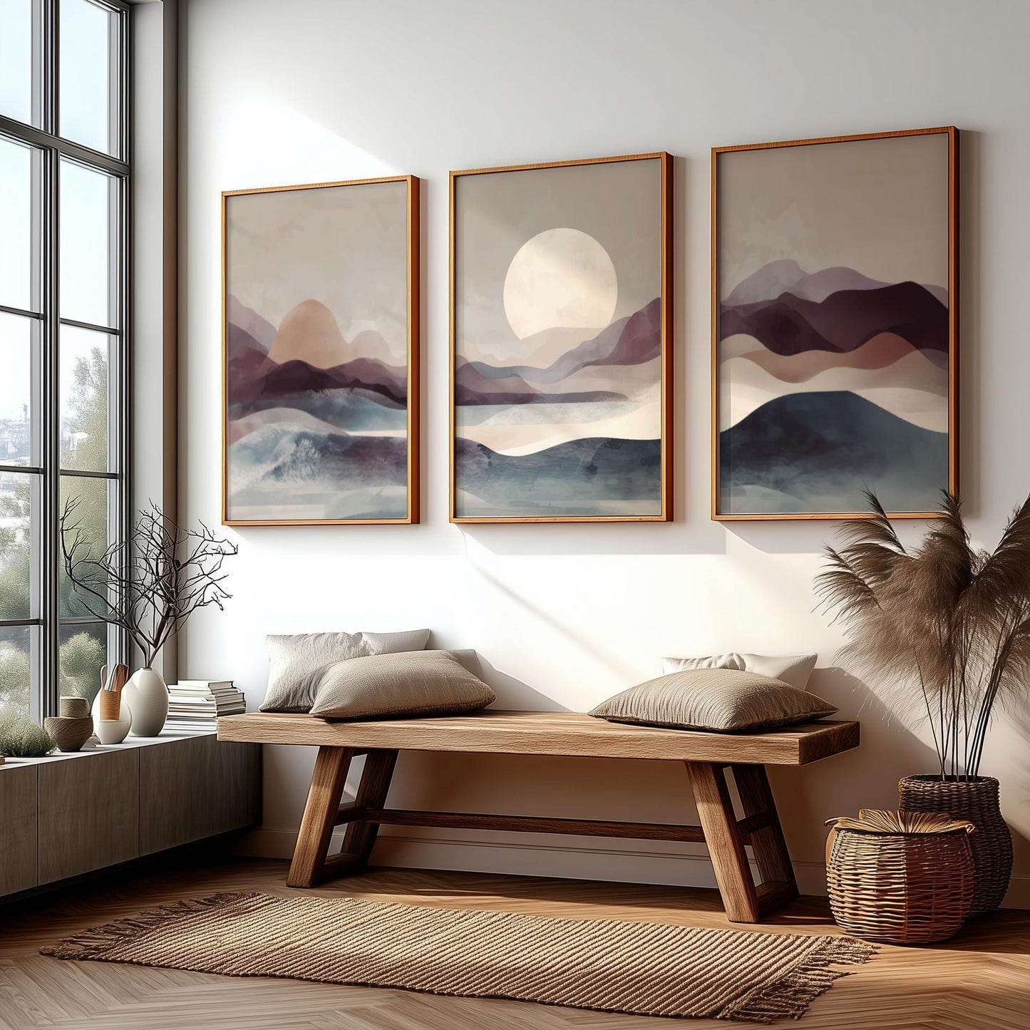Mountain Sunset Wall Art – Brown and Blue Landscape Poster Set of 3, Tranquil Nature Prints for Modern or Rustic Decor