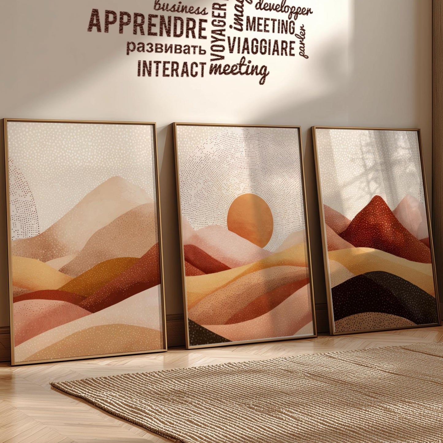 Mountain Wall Art Set – Green and Brown Landscape Posters with Setting Sun, Earthy Nature Prints for Calm Interior Spaces