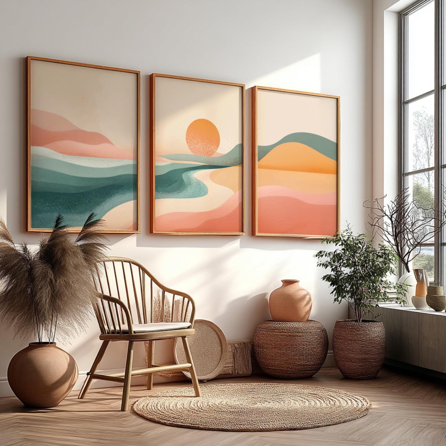Blue and Pink Mountain Sunset Wall Art – Landscape Poster Set of 3, Serene Nature Prints for Bedroom or Living Room Decor