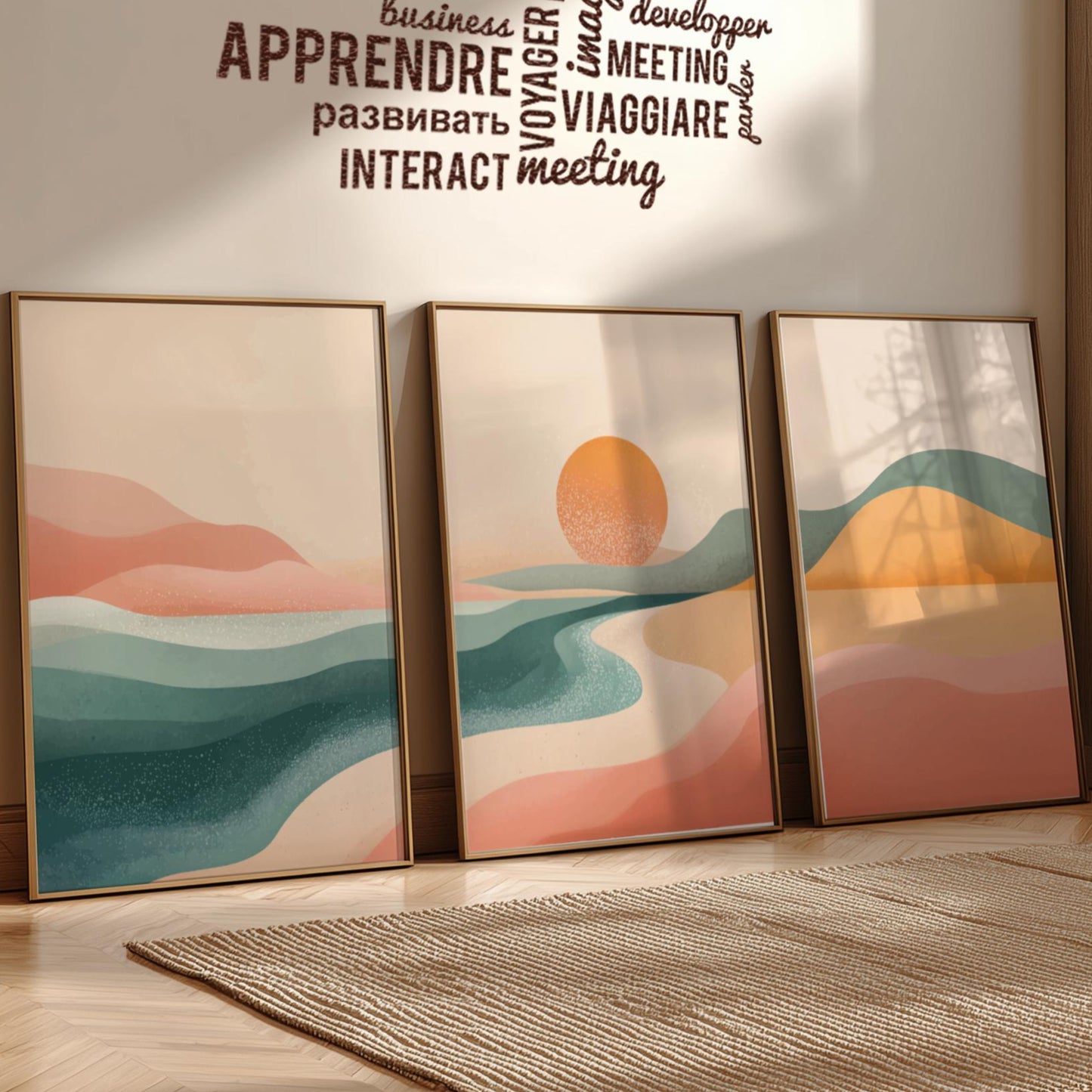 Blue and Pink Mountain Sunset Wall Art – Landscape Poster Set of 3, Serene Nature Prints for Bedroom or Living Room Decor