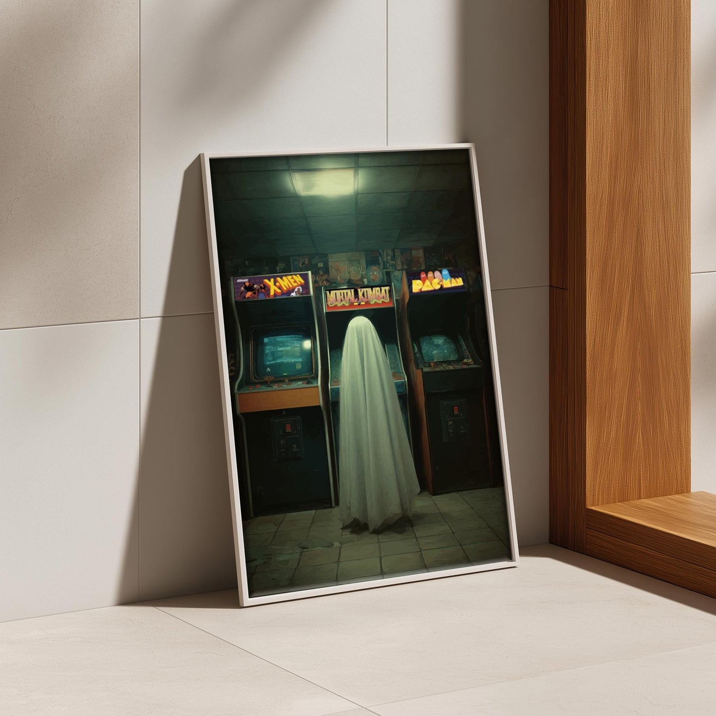 Arcade Ghost Poster – Retro Vaporwave Wall Art, 80s Neon Arcade Print, Surreal Liminal Space Aesthetic Decor