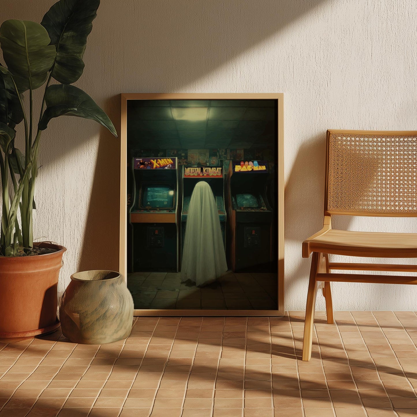 Arcade Ghost Poster – Retro Vaporwave Wall Art, 80s Neon Arcade Print, Surreal Liminal Space Aesthetic Decor