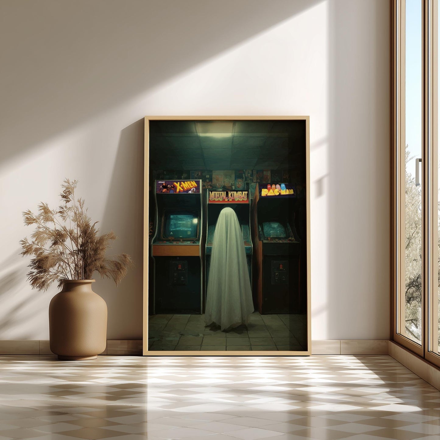Arcade Ghost Poster – Retro Vaporwave Wall Art, 80s Neon Arcade Print, Surreal Liminal Space Aesthetic Decor