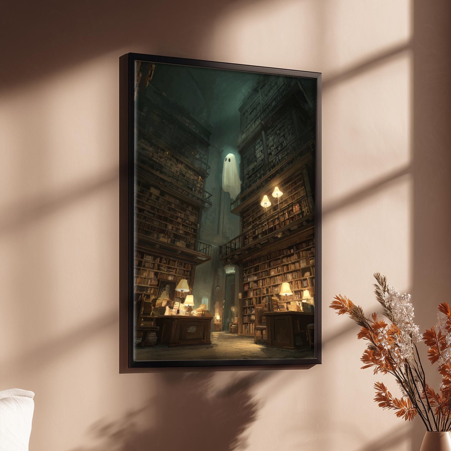 Ghost in Library Poster – Surreal Book Lover Wall Art, Liminal Reading Room Print, Dreamcore Ghost Aesthetic Decor