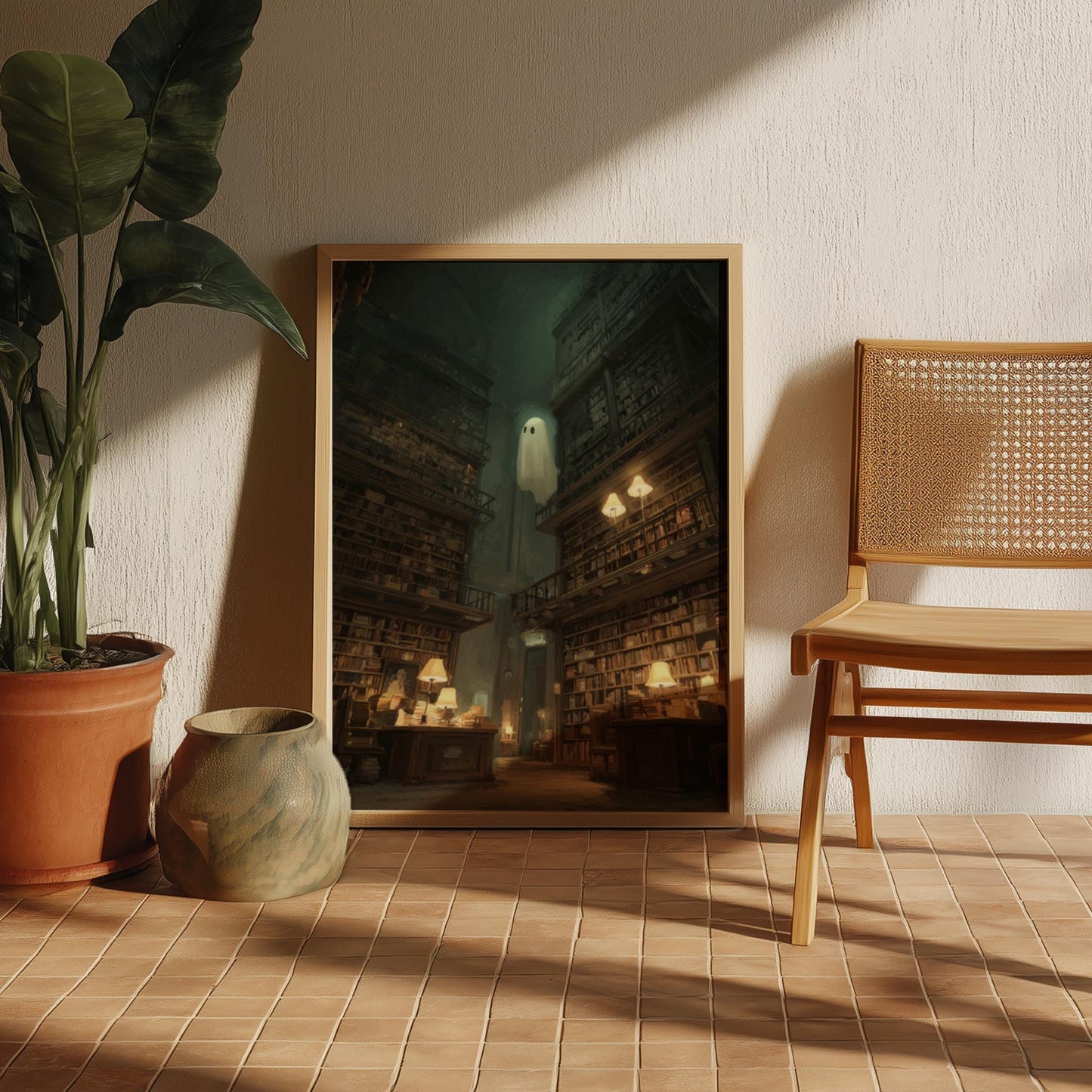 Ghost in Library Poster – Surreal Book Lover Wall Art, Liminal Reading Room Print, Dreamcore Ghost Aesthetic Decor