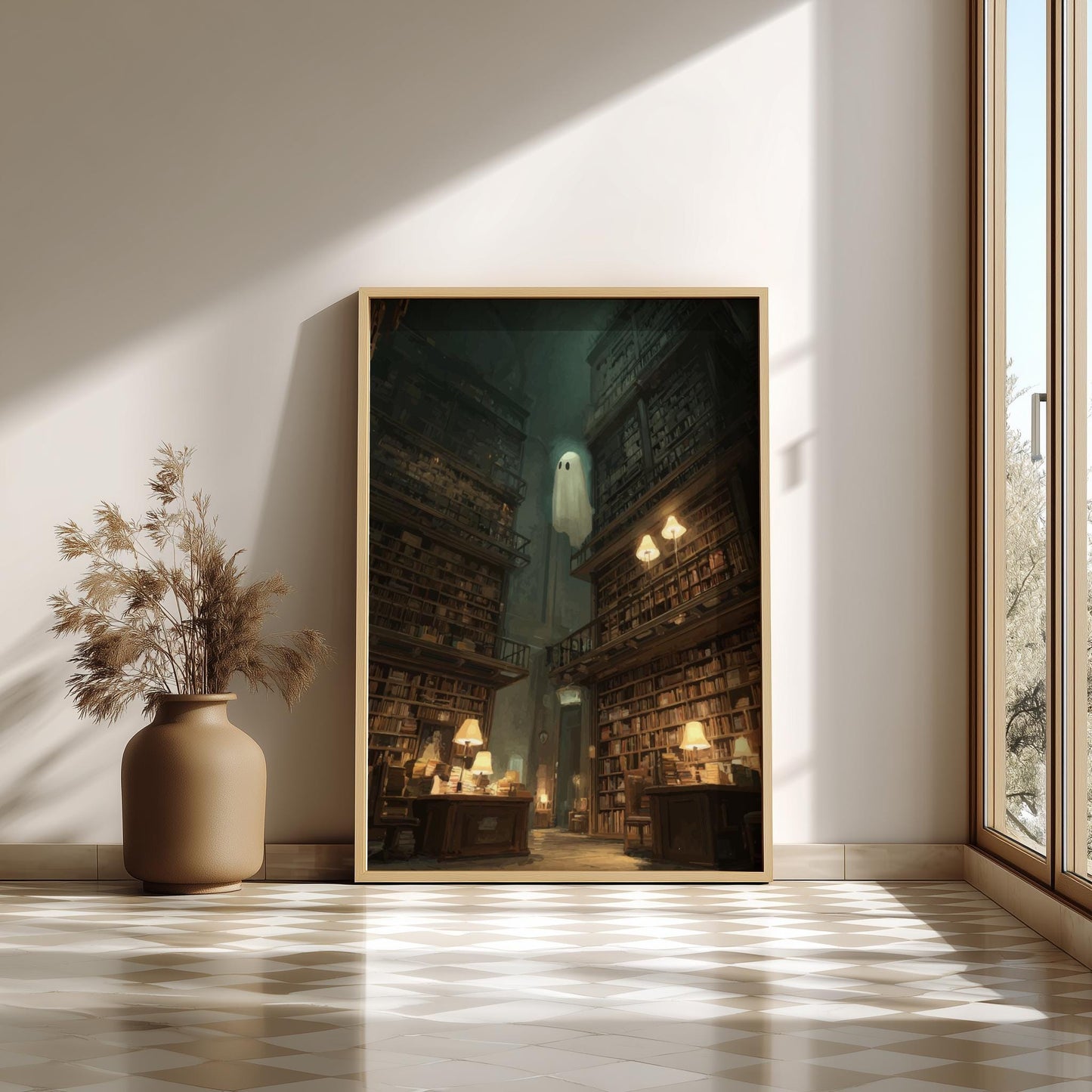 Ghost in Library Poster – Surreal Book Lover Wall Art, Liminal Reading Room Print, Dreamcore Ghost Aesthetic Decor