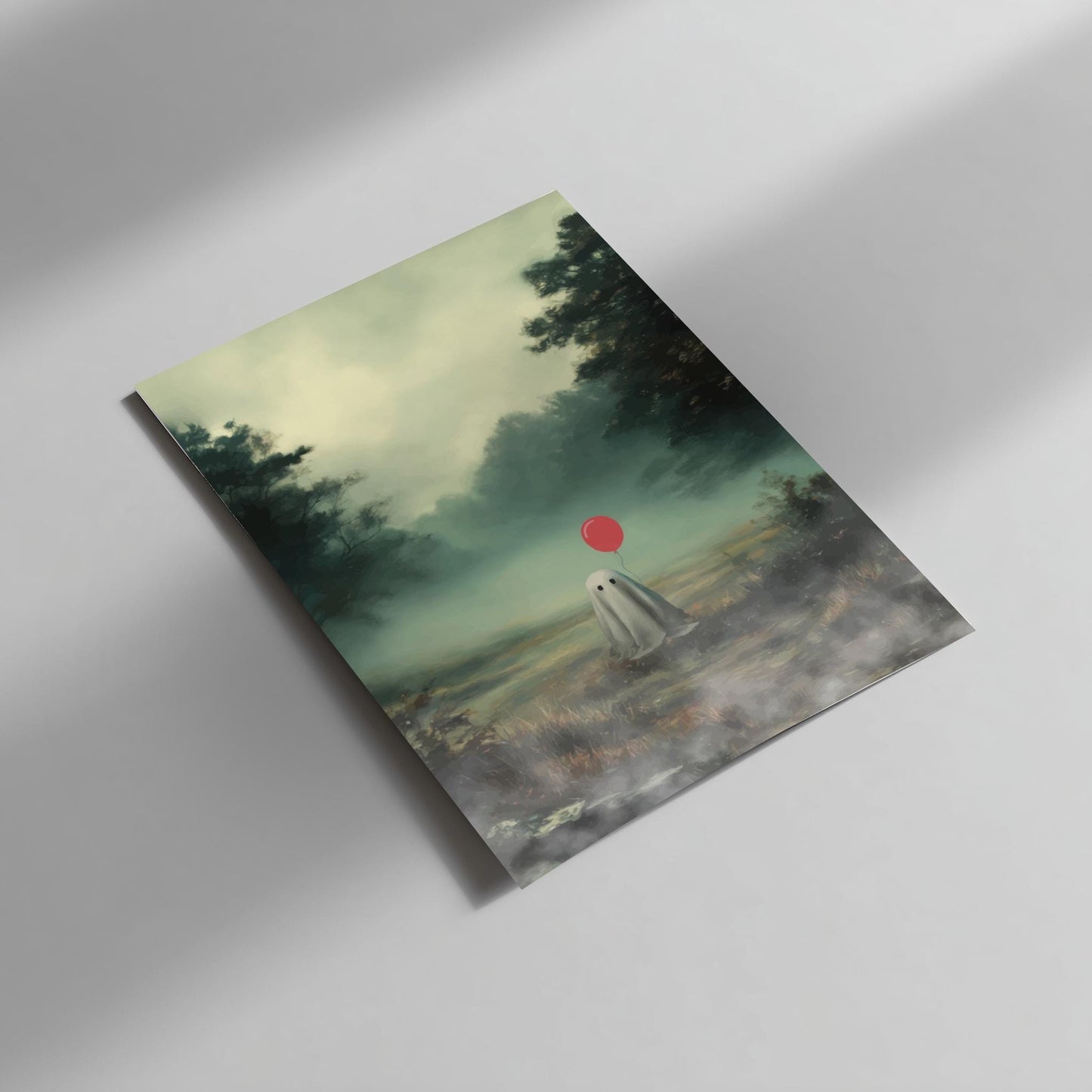Ghost and Red Balloon Poster - Whisper of the Red Balloon - Foggy Field Wall Art, Surreal Spooky Aesthetic Print