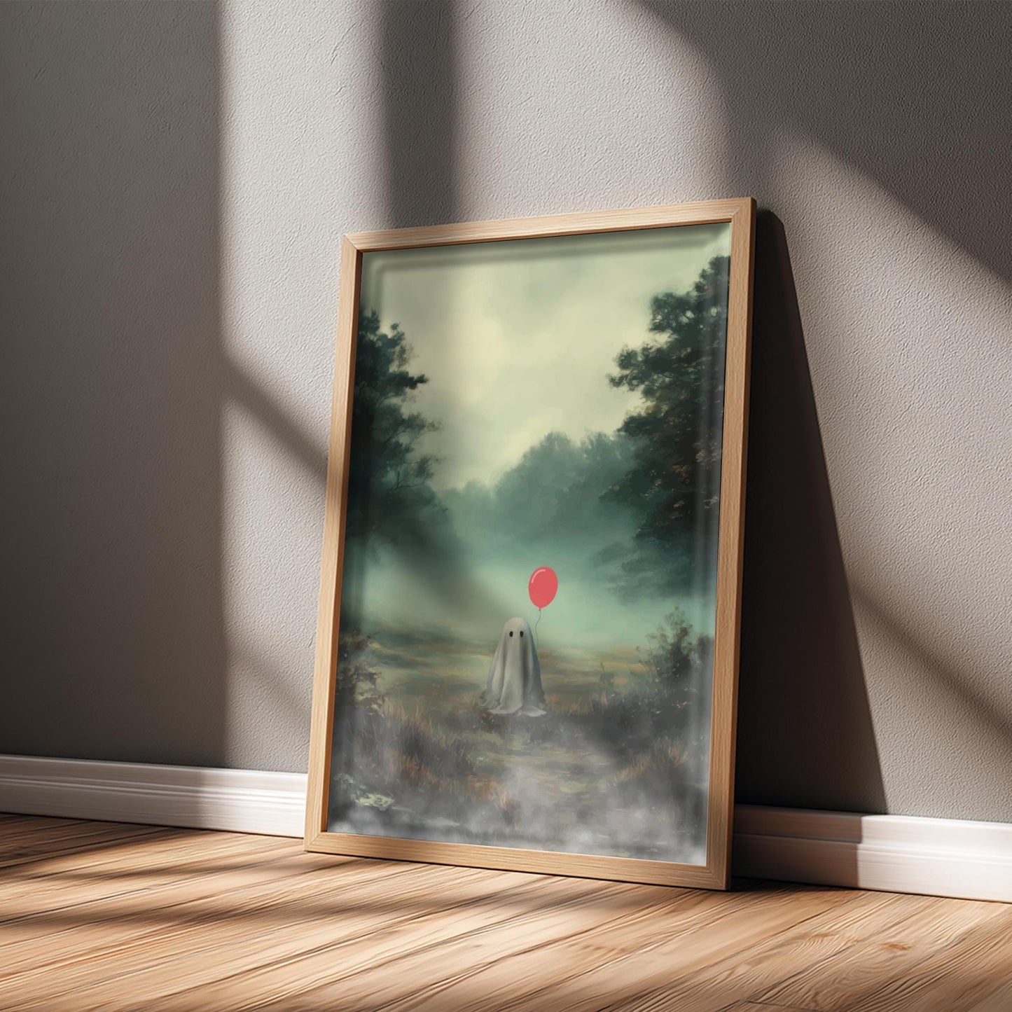 Ghost and Red Balloon Poster - Whisper of the Red Balloon - Foggy Field Wall Art, Surreal Spooky Aesthetic Print