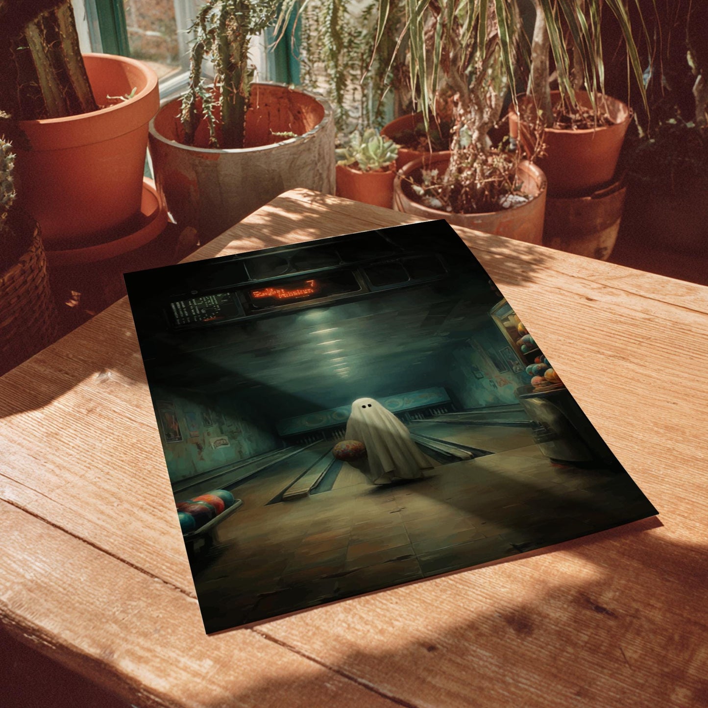 Ghost Bowling Alley Poster - Spare Spirit - Surreal Retro Wall Art, Spooky Aesthetic Print, Liminal Bowling Scene