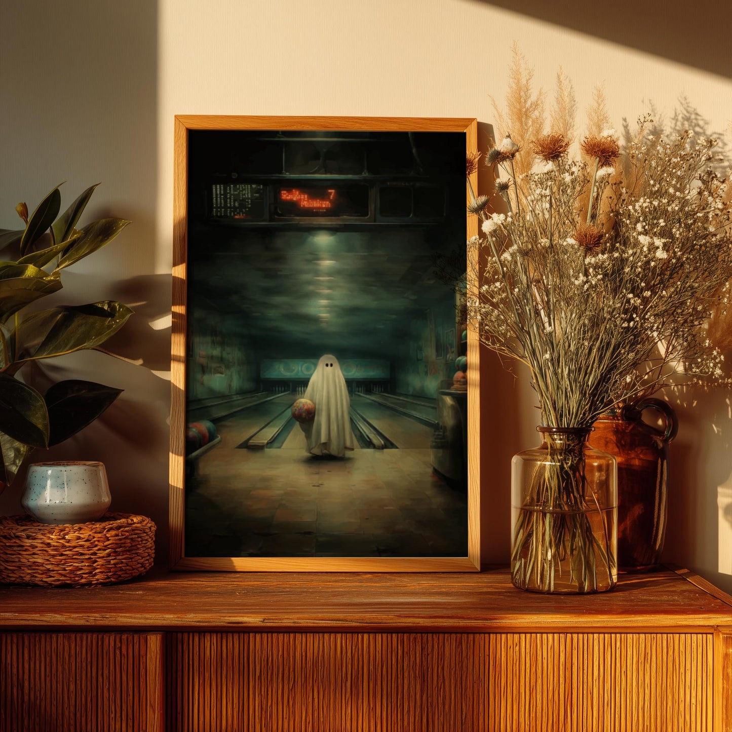 Ghost Bowling Alley Poster - Spare Spirit - Surreal Retro Wall Art, Spooky Aesthetic Print, Liminal Bowling Scene