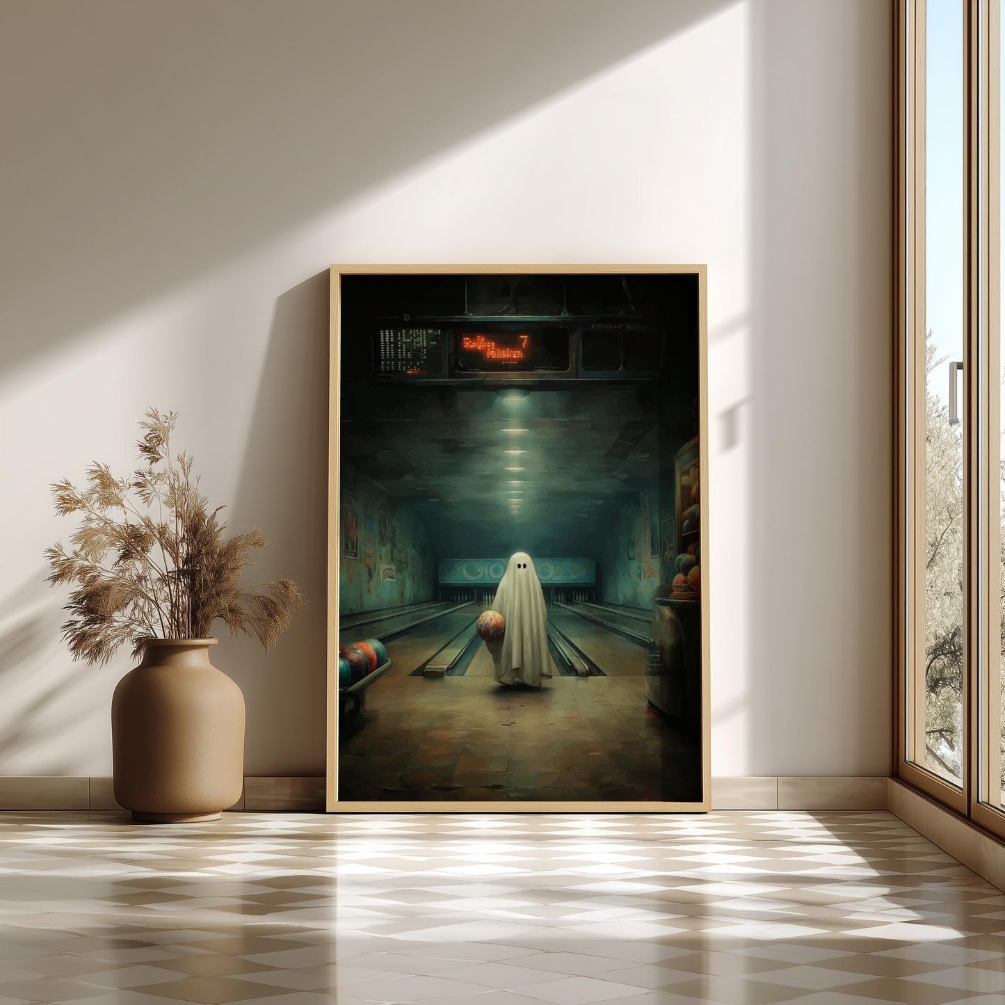 Ghost Bowling Alley Poster - Spare Spirit - Surreal Retro Wall Art, Spooky Aesthetic Print, Liminal Bowling Scene