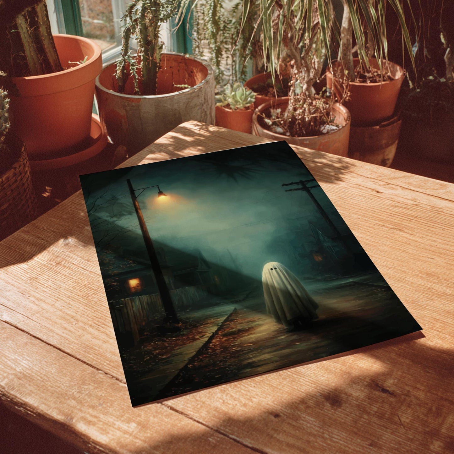 Ghost Suburban Poster - Porchlight Apparition - Surreal Night Scene Wall Art, Liminal Ghostcore Print, Moody Streetlight Decor
