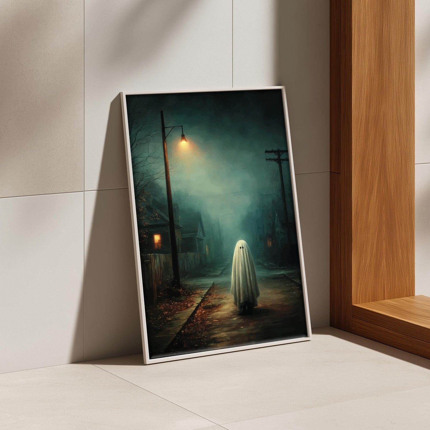 Ghost Suburban Poster - Porchlight Apparition - Surreal Night Scene Wall Art, Liminal Ghostcore Print, Moody Streetlight Decor