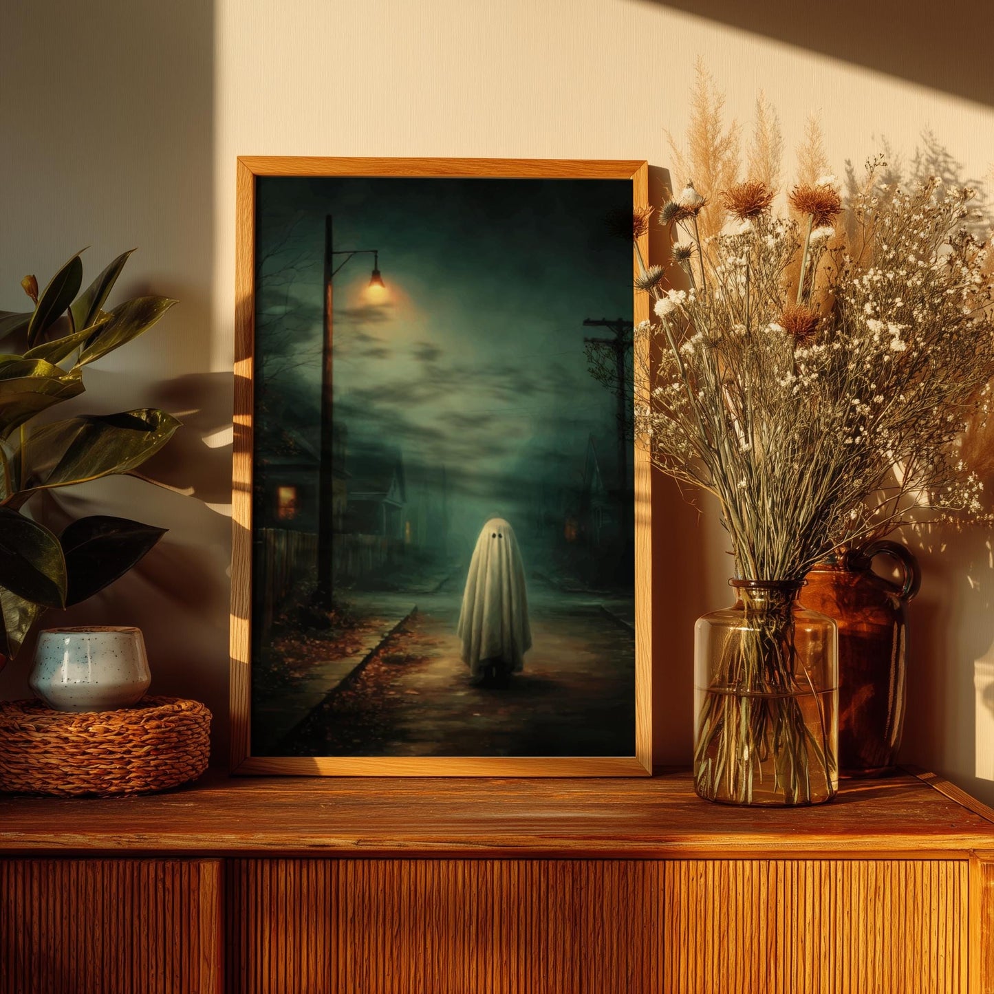 Ghost Suburban Poster - Porchlight Apparition - Surreal Night Scene Wall Art, Liminal Ghostcore Print, Moody Streetlight Decor