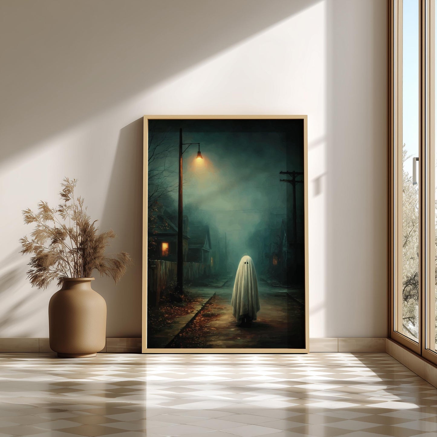 Ghost Suburban Poster - Porchlight Apparition - Surreal Night Scene Wall Art, Liminal Ghostcore Print, Moody Streetlight Decor