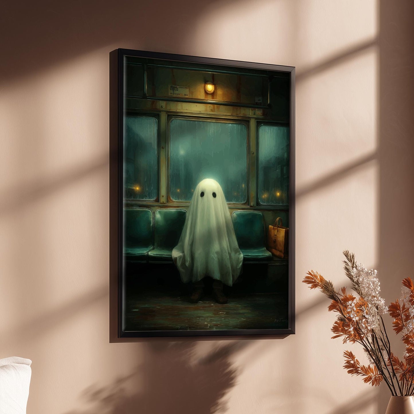 Ghost on the Bus Poster - Last Stop Lament - Surreal Wall Print, Ghostcore Aesthetic Art, Dreamlike Spooky Poster, Liminal Transit Scene