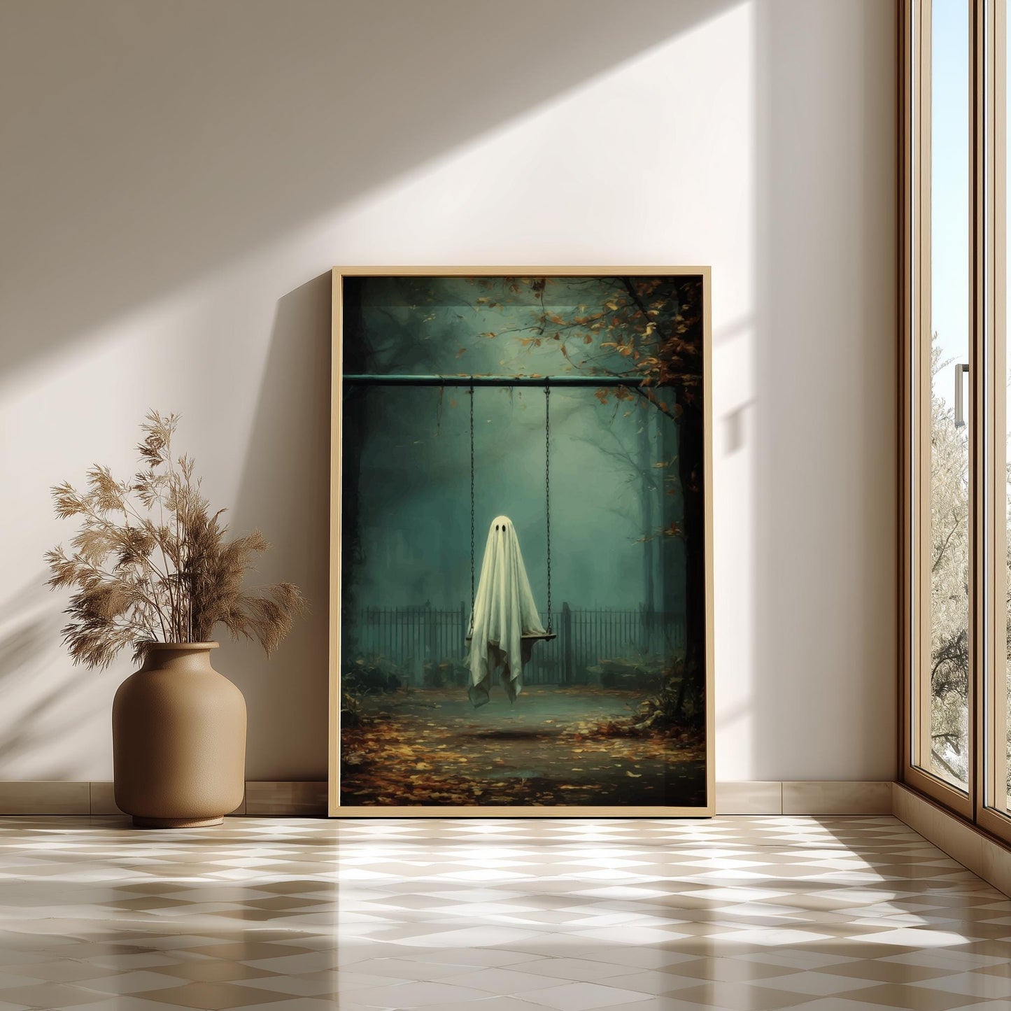 Ghost Swing Set Poster - Fading Playground Reverie - Surreal Aesthetic Wall Art, Dreamlike Ghost Decor, Liminal Space Print